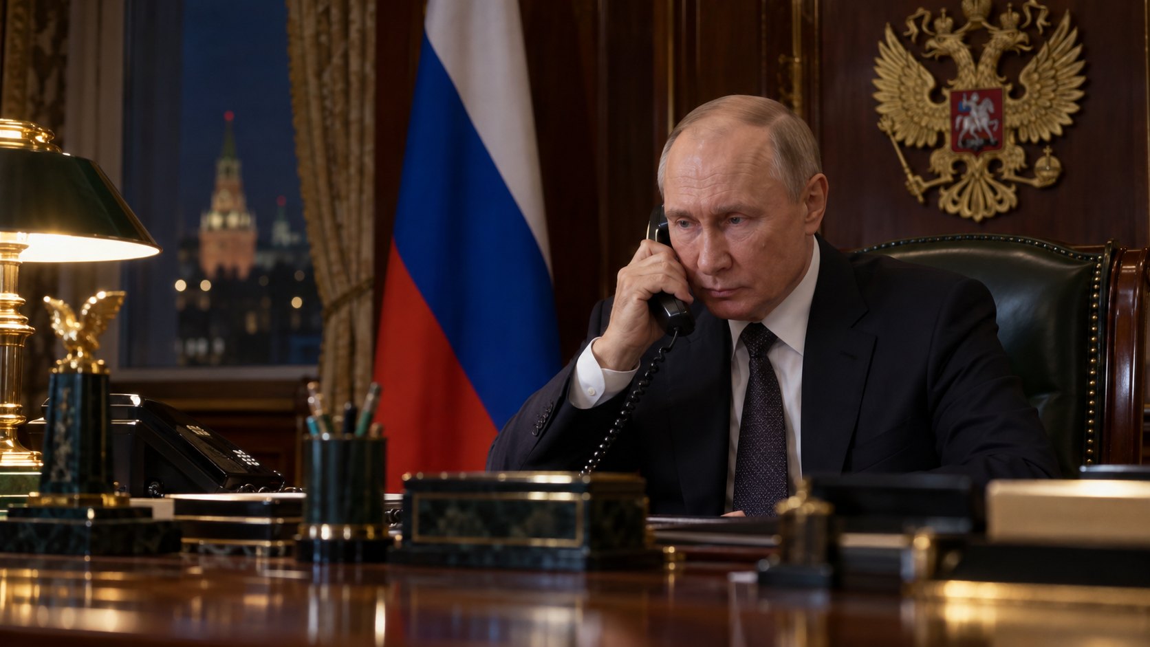 Ilustración editorial generada con IA: Vladimir Putin habla por un teléfono fijo sentado a su escritorio en un despacho del Kremlin, de noche, con la bandera rusa y el escudo con el águila bicéfala detrás y una torre del Kremlin iluminada por la ventana; composición conceptual, no es una fotografía de la llamada con Trump.