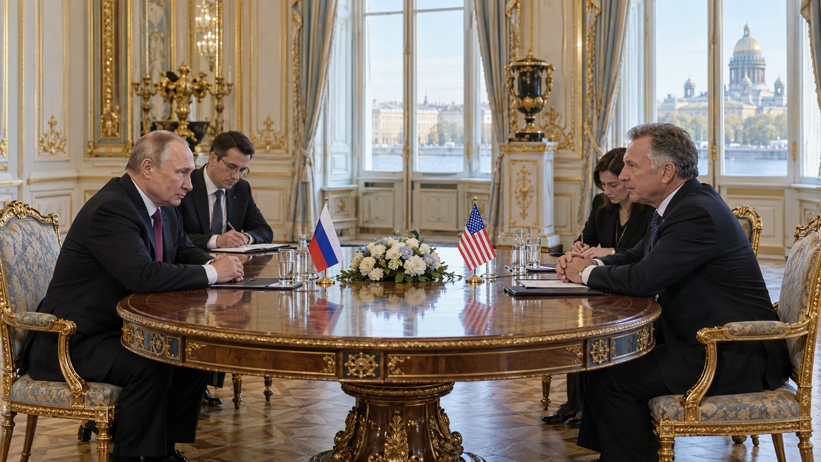 Ilustración editorial generada con IA: Vladímir Putin sentado frente al enviado estadounidense en una mesa redonda de un salón palaciego de San Petersburgo, con traductores y pequeñas banderas de Rusia y Estados Unidos; composición conceptual, no es una fotografía de la reunión.