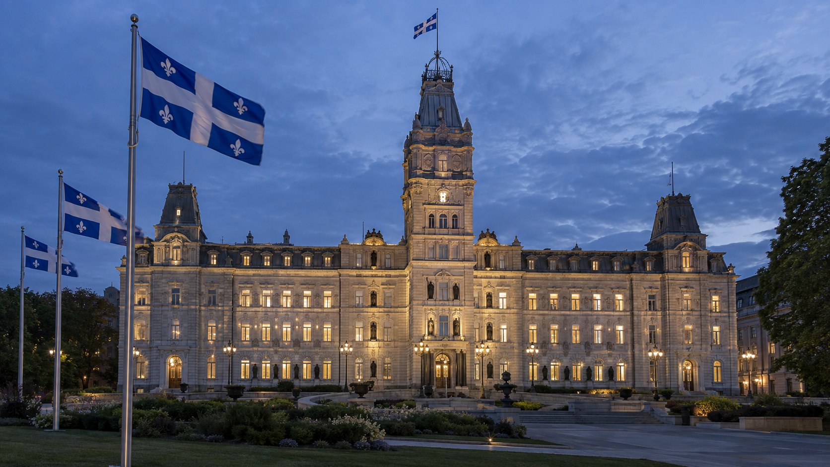 Ilustración editorial generada con IA: el Parlamento de Quebec, en la ciudad de Quebec, iluminado al anochecer, con banderas flor de lis de Quebec flameando en primer plano; composición conceptual, no es una fotografía de la noche electoral.