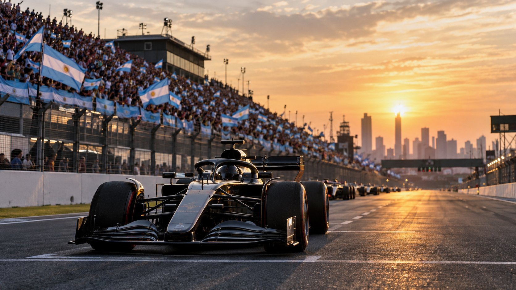 Ilustración editorial generada con IA: la recta principal de un autódromo en Buenos Aires al atardecer, con un monoplaza de Fórmula 1 en la grilla y tribunas con banderas argentinas; no es una fotografía del Autódromo Oscar y Juan Gálvez ni de un hecho real.