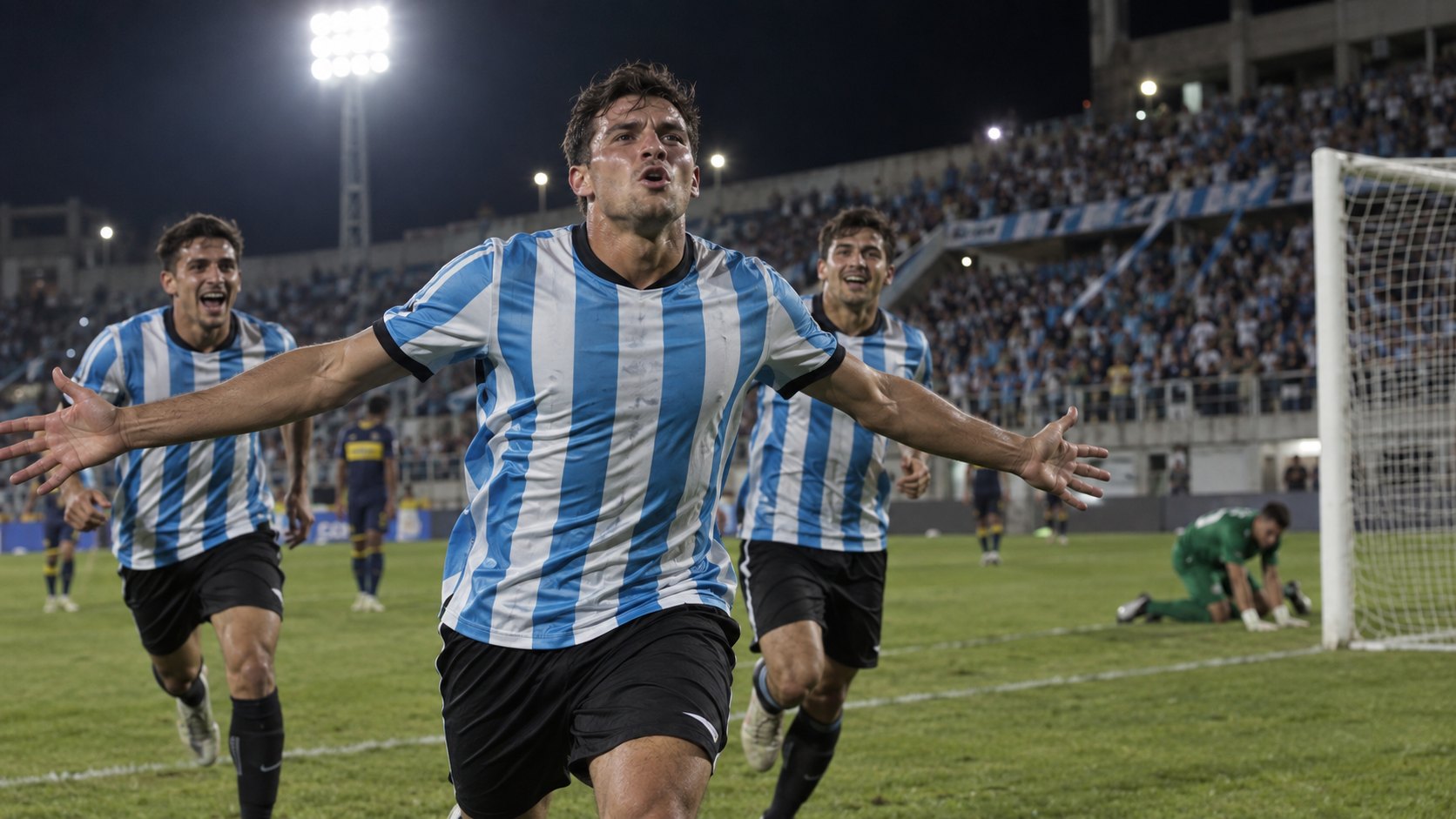 Ilustración editorial generada con IA: de noche, en un estadio con tribunas de cemento y reflectores encendidos, un futbolista con la camiseta de bastones celestes y blancos de Racing festeja un gol con los brazos abiertos mientras dos compañeros lo alcanzan y, al fondo, el arquero rival queda en el piso; no es una fotografía del partido ni representa a jugadores reales.