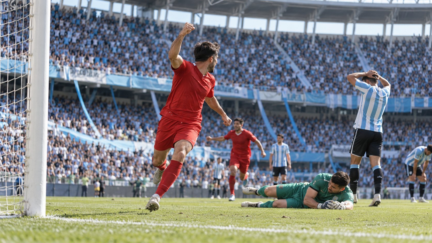 Ilustración editorial generada con IA: de día, en un estadio colmado de hinchas con los colores celeste y blanco, un futbolista con camiseta roja festeja un gol con el puño en alto junto al arco mientras el arquero queda en el piso y un jugador con camiseta a bastones celestes y blancos se toma la cabeza; no es una fotografía del partido ni representa a jugadores reales.