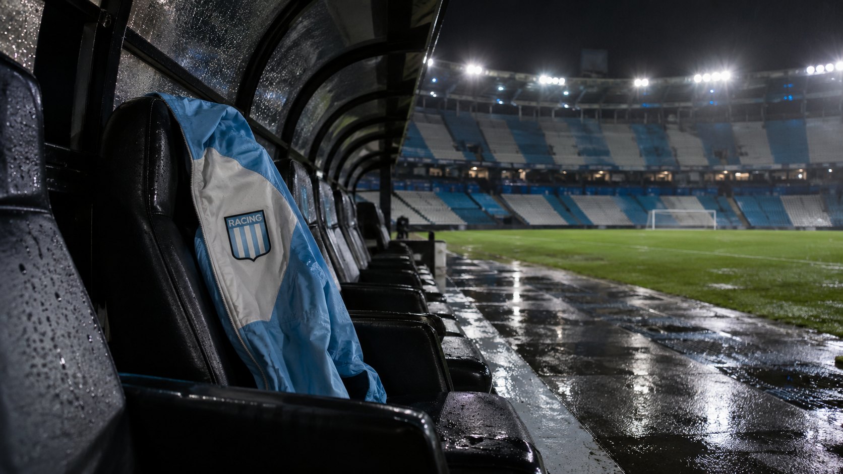 Ilustración editorial generada con IA: el banco de suplentes vacío de un estadio con tribunas celestes y blancas y el escudo de Racing Club, con una campera de entrenador apoyada sobre el asiento bajo las luces de la noche; no es una fotografía del estadio ni de personas reales.