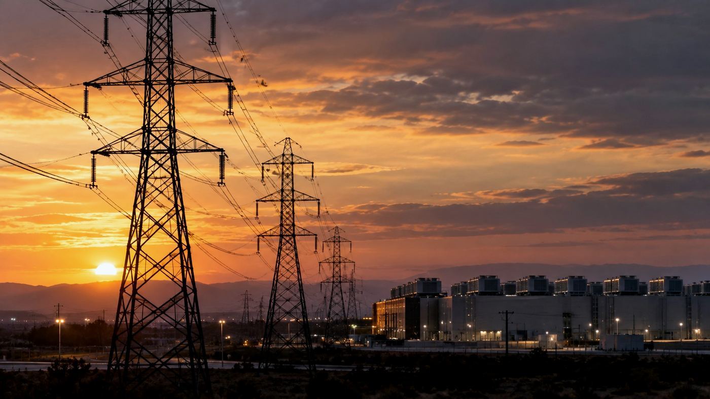 Torres de transmisión de alta tensión junto a un centro de datos industrial al atardecer, con líneas eléctricas en primer plano