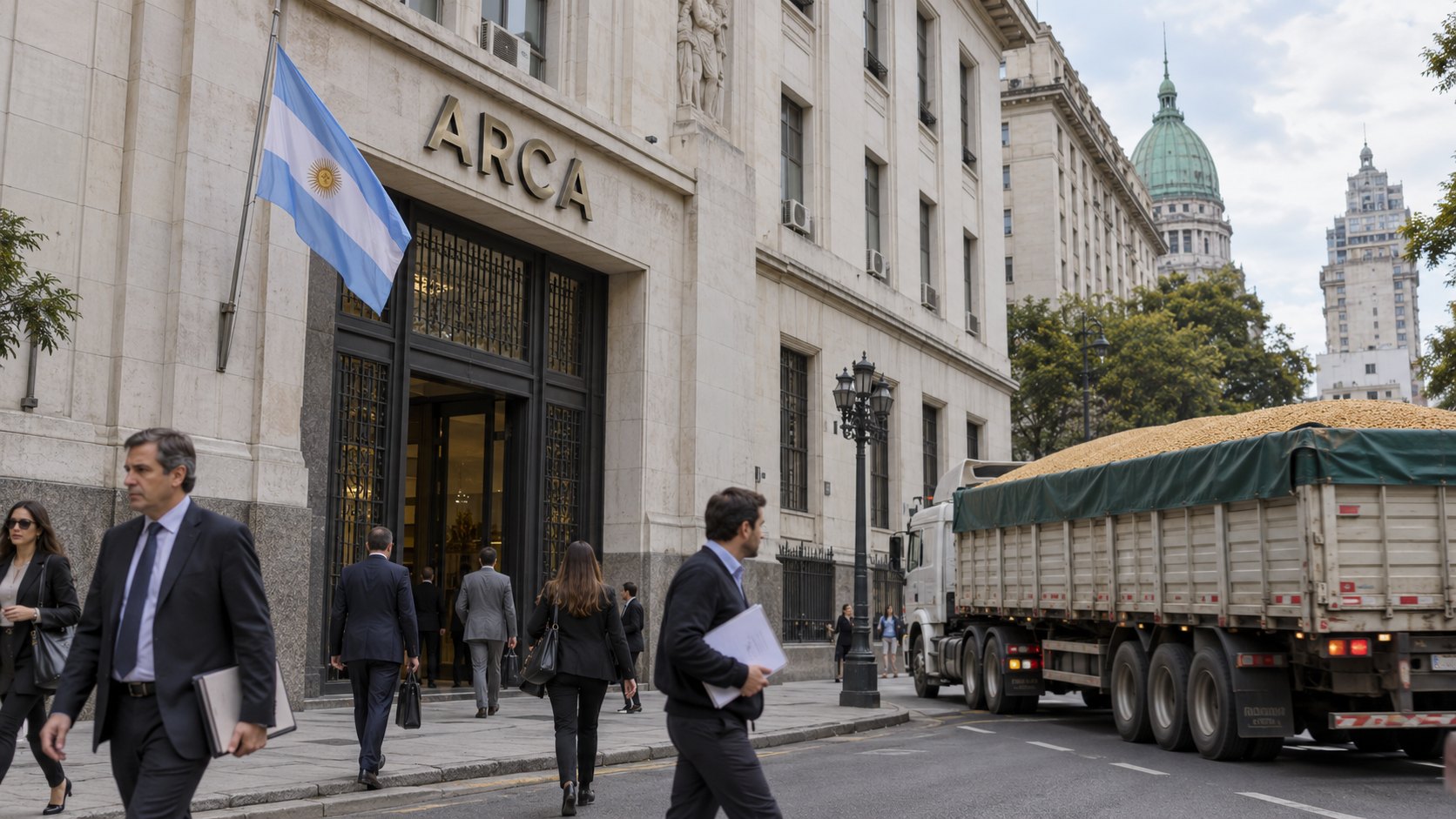 Ilustración editorial generada con IA: la fachada de un edificio institucional de piedra clara con el nombre ARCA sobre la entrada y una bandera argentina en un mástil, frente a la cual pasa un camión cerealero con acoplado; composición conceptual, no es una fotografía documental de la sede.