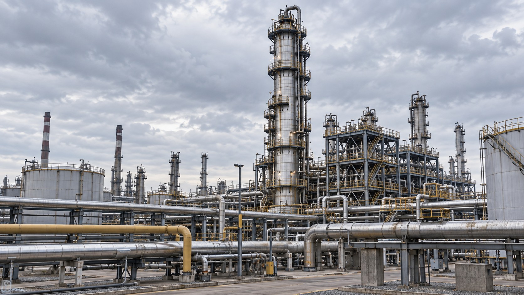 Ilustración editorial generada con IA: torre de destilación y tuberías de una refinería genérica; no muestra la planta atacada