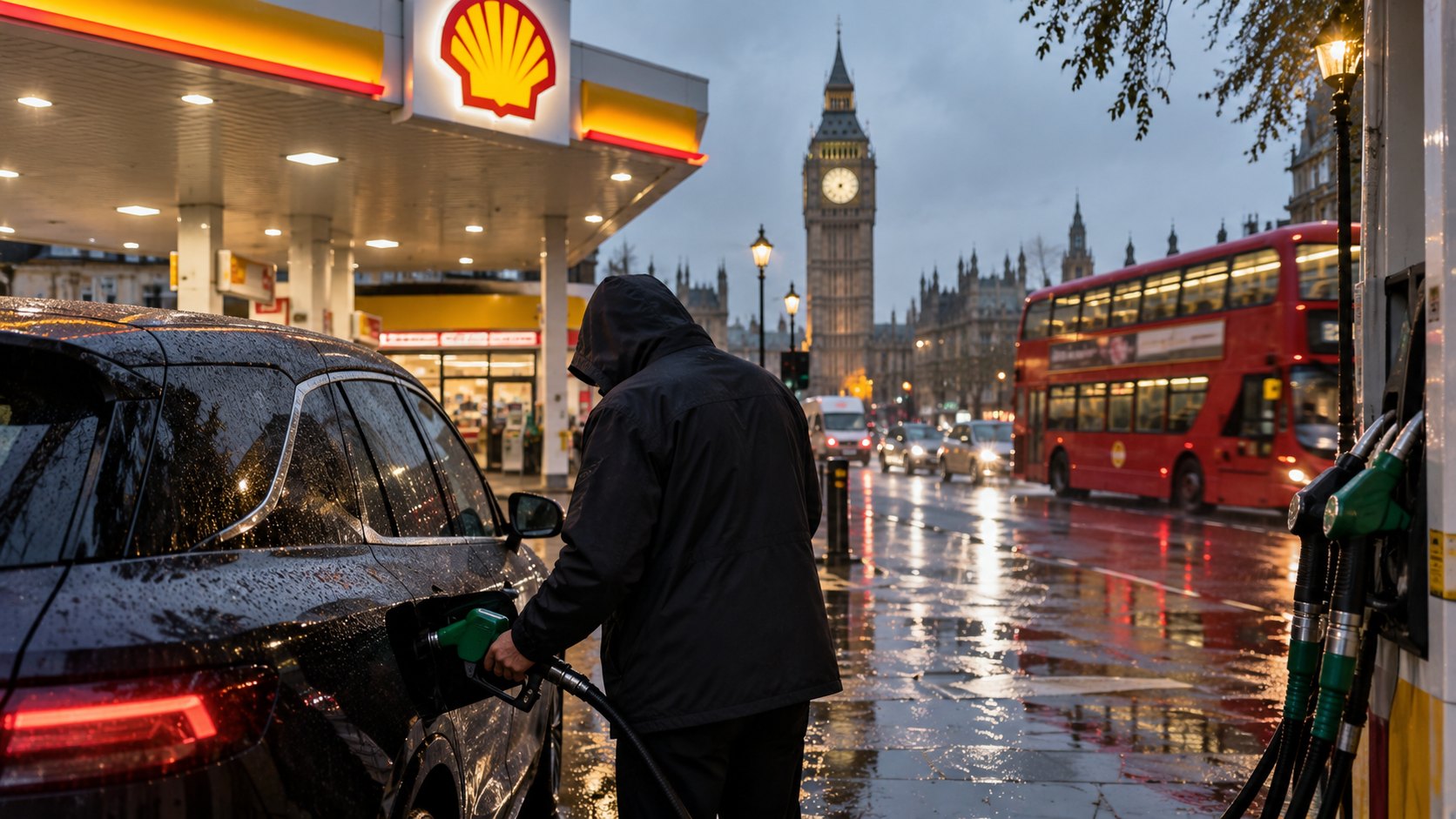 Ilustración editorial generada con IA: un conductor de espaldas carga combustible en una estación de servicio Shell de Londres en un día de lluvia, con el Big Ben y un colectivo rojo de dos pisos detrás; composición conceptual, no es una fotografía de un hecho real.