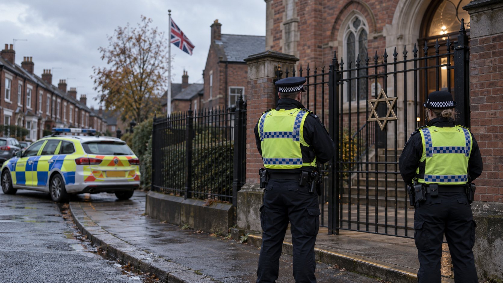 Ilustración editorial generada con IA: dos agentes de la policía británica con chalecos fluorescentes custodian la entrada de una sinagoga de ladrillo en una calle de Manchester, con una Estrella de David en la reja, un patrullero y una bandera del Reino Unido al fondo; no es una fotografía de un lugar ni de un operativo reales.