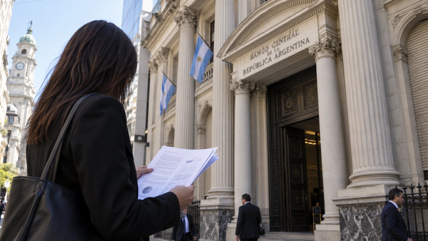Ilustración editorial generada con IA: una analista de espaldas lee un informe impreso frente a la fachada neoclásica del Banco Central de la República Argentina, en la calle Reconquista del microcentro porteño, con banderas argentinas; composición conceptual, no es una fotografía documental.