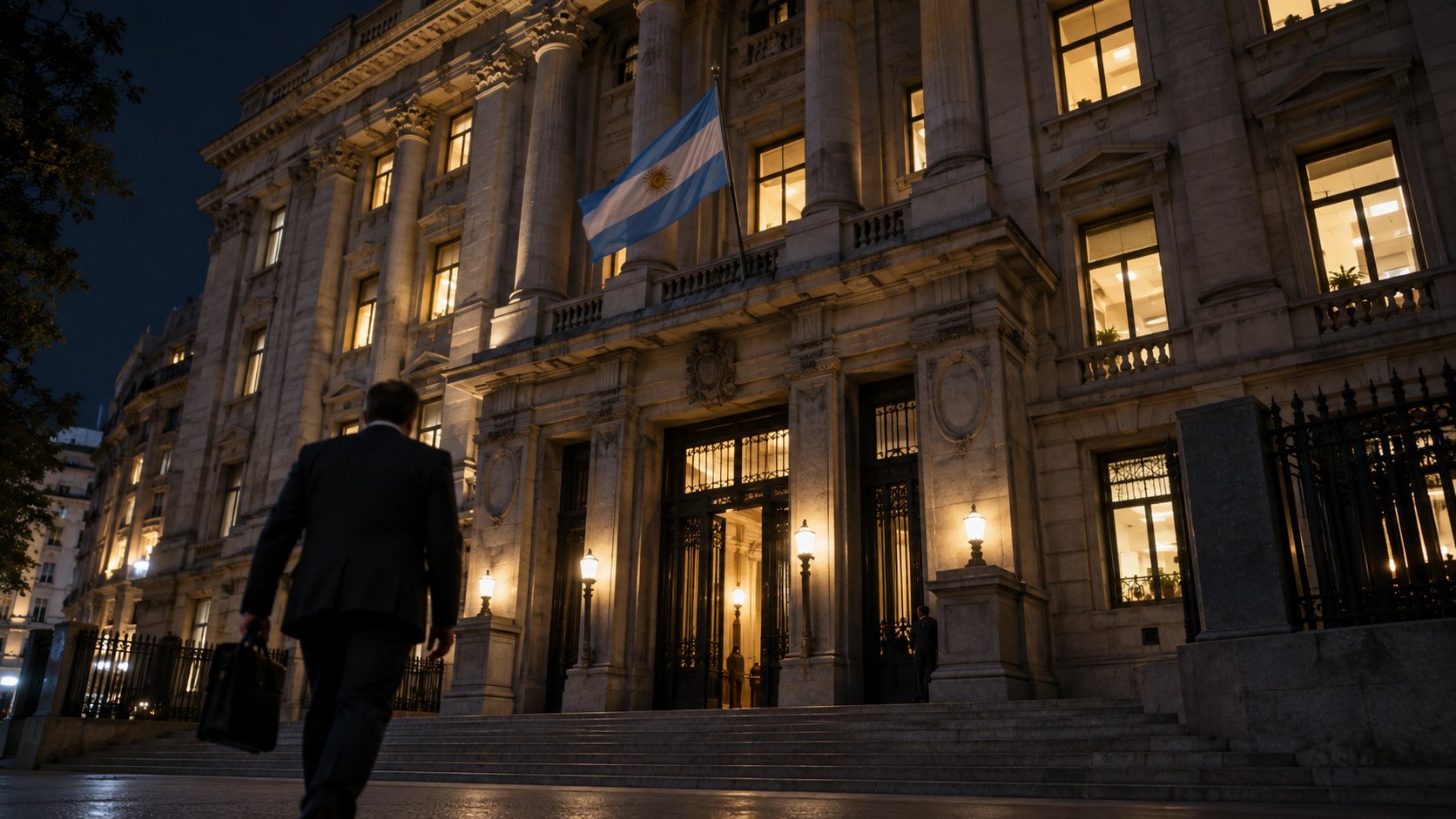 Ilustración editorial generada con IA: la fachada de piedra del Palacio de Hacienda, sede del Ministerio de Economía frente a Plaza de Mayo, de noche y con ventanas iluminadas, con una bandera argentina en el balcón y, en primer plano, un hombre de traje con portafolio que camina de espaldas; composición conceptual, no es una fotografía de Daniel González ni de un hecho real.