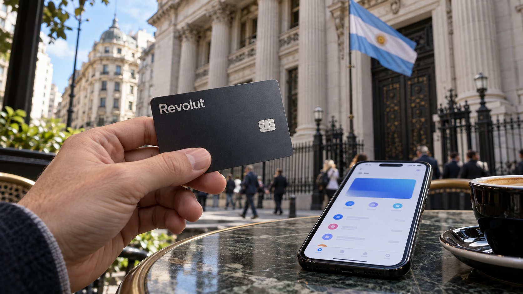 Ilustración editorial generada con IA: una mano sostiene una tarjeta de Revolut junto a un teléfono en una mesa de café de Buenos Aires, con un edificio histórico de columnas del centro porteño y una bandera argentina al fondo; composición conceptual, no es una fotografía de un producto lanzado en la Argentina.