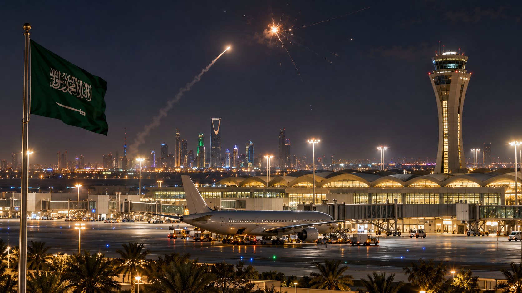 Ilustración editorial generada con IA: de noche, la estela de un misil interceptor asciende sobre Riad y estalla en lo alto, mientras abajo se ven la torre de control y la terminal iluminada de un aeropuerto con un avión de pasajeros en la plataforma y una bandera de Arabia Saudita en primer plano; composición conceptual, no es una fotografía del ataque ni del aeropuerto Rey Khalid.