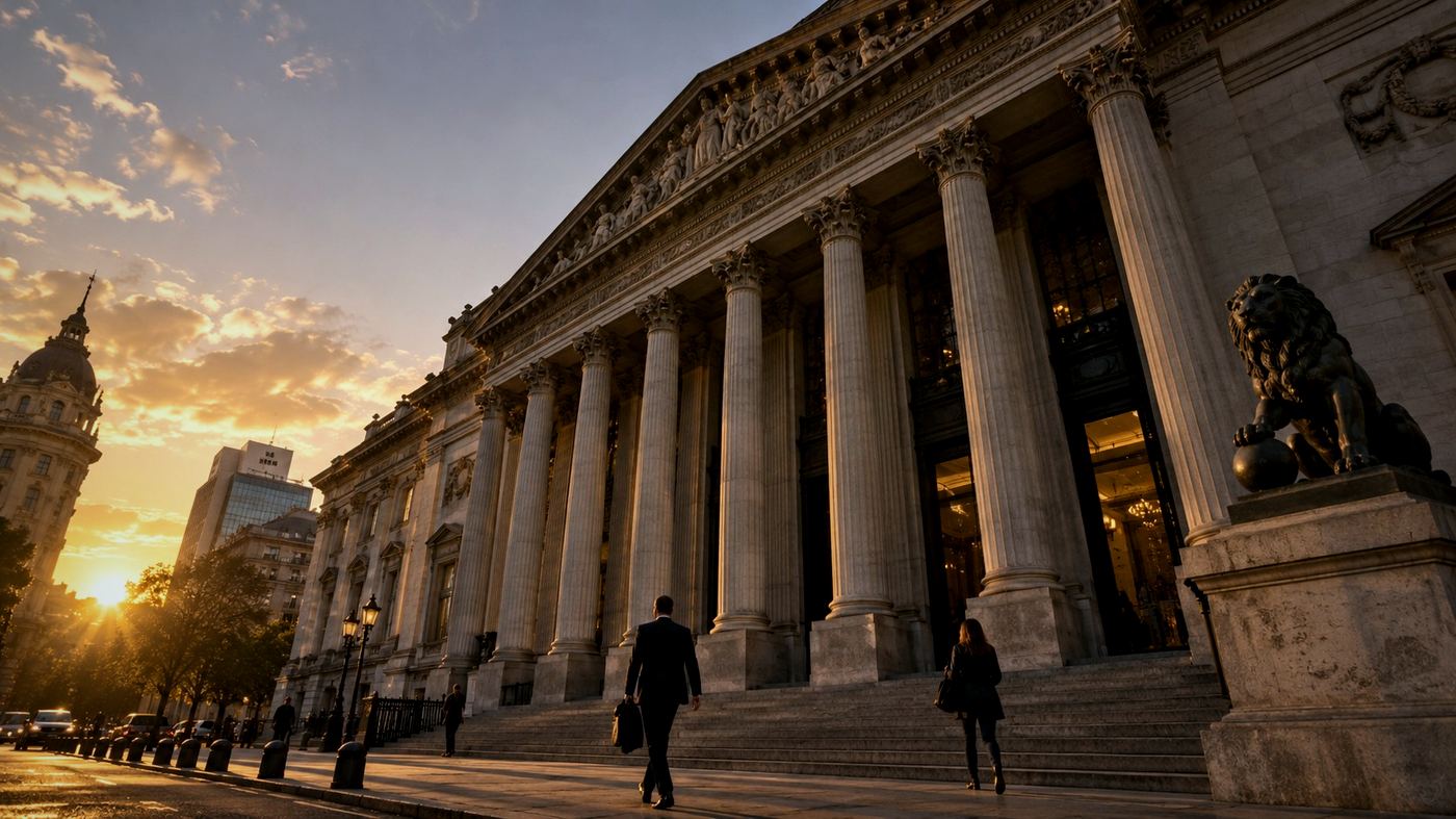 Fachada de la Bolsa de Comercio de Buenos Aires al atardecer