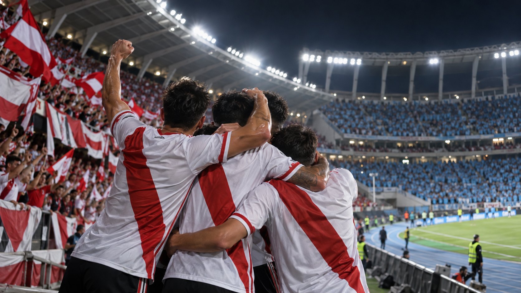 Ilustración editorial generada con IA: de noche, en un estadio grande iluminado, futbolistas con camiseta blanca y banda roja diagonal festejan un gol abrazados frente a una tribuna visitante con banderas rojas y blancas; no es una fotografía del partido ni representa a jugadores reales.