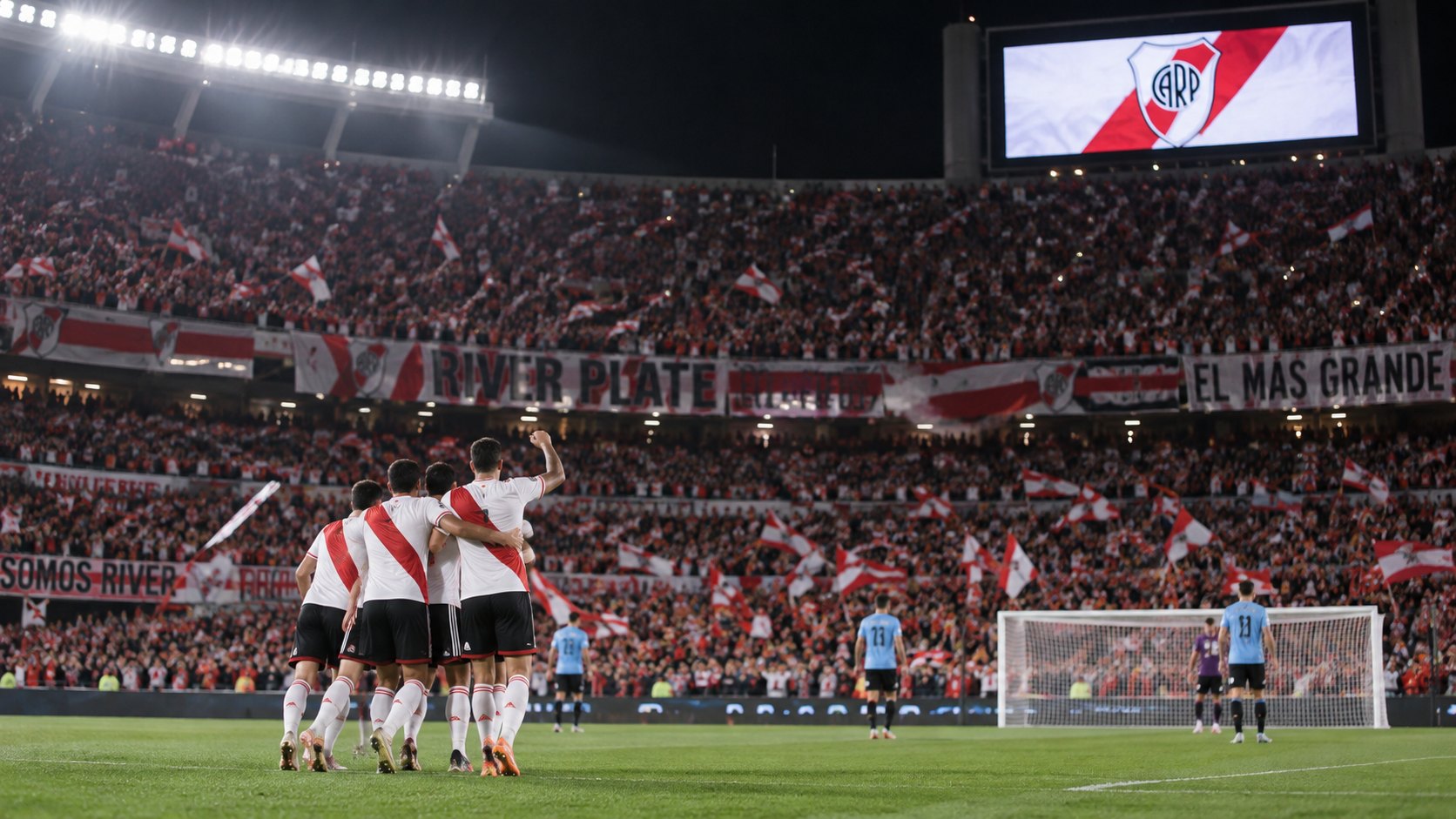 Ilustración editorial generada con IA: el estadio Monumental de noche, con las tribunas llenas y futbolistas de River, de espaldas y sin rostros identificables, celebrando un gol; no es una fotografía del partido ni representa a jugadores reales.