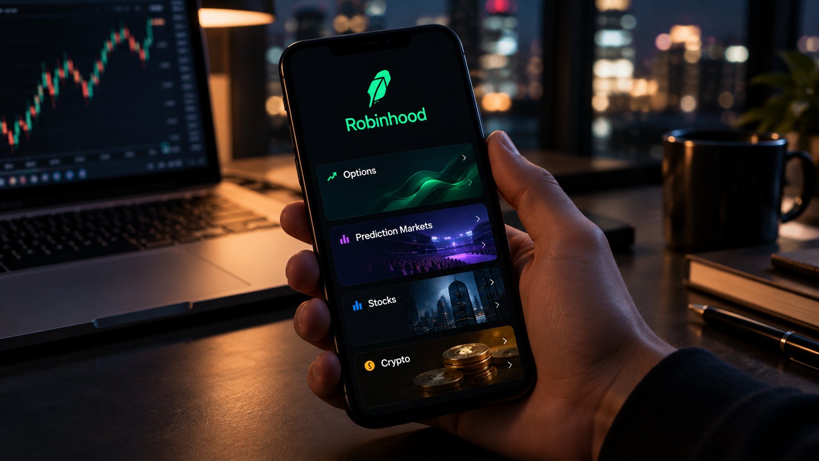 Ilustración editorial generada con IA: una mano sostiene un celular con la app de Robinhood y su logo de la pluma verde, con secciones de opciones, mercados de predicción, acciones y cripto, sobre un escritorio de noche; composición conceptual, no es una captura real de la aplicación.