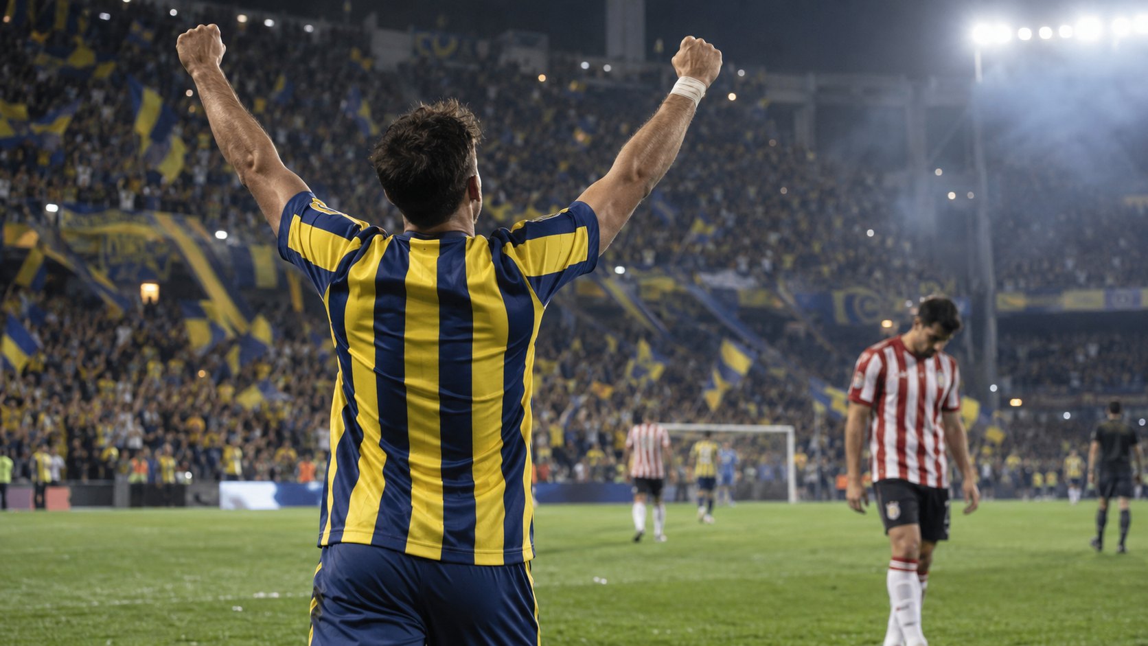 Ilustración editorial generada con IA: un futbolista de espaldas con la camiseta azul y amarilla a franjas de Rosario Central celebra con los brazos en alto frente a una tribuna de hinchas, mientras un jugador con la camiseta roja y blanca de Estudiantes camina detrás; no es una fotografía del partido.