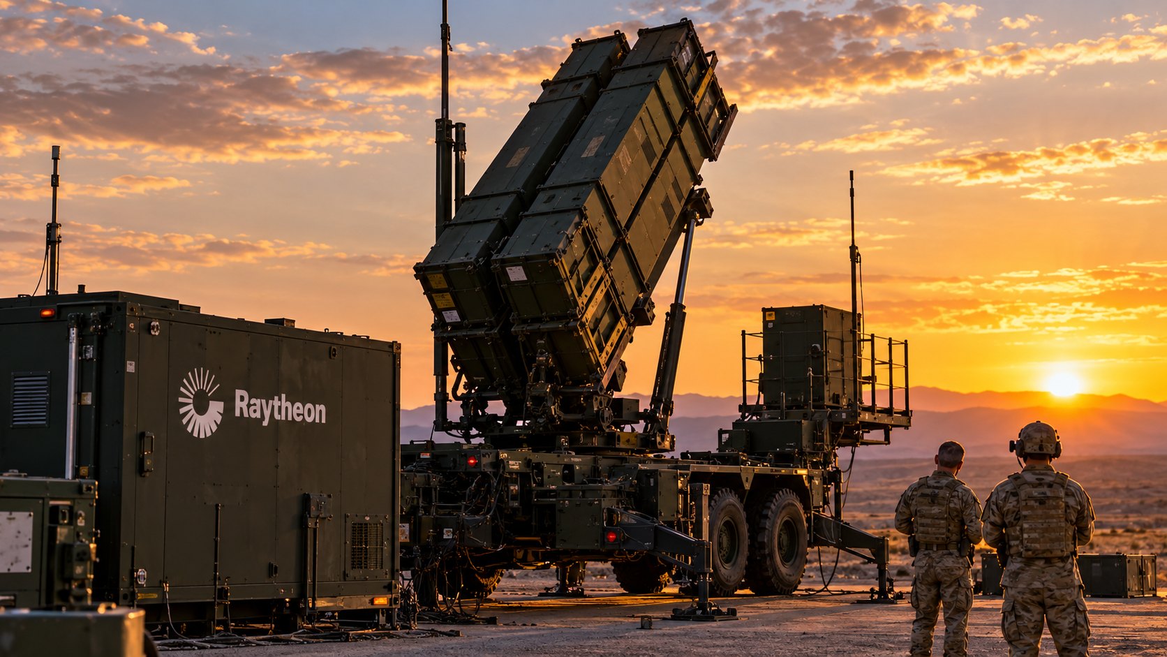 Ilustración editorial generada con IA: un lanzador del sistema de defensa aérea Patriot desplegado en un campo de pruebas al atardecer, junto a un contenedor con la marca Raytheon y dos soldados de espaldas; composición conceptual, no es una fotografía de un hecho real.
