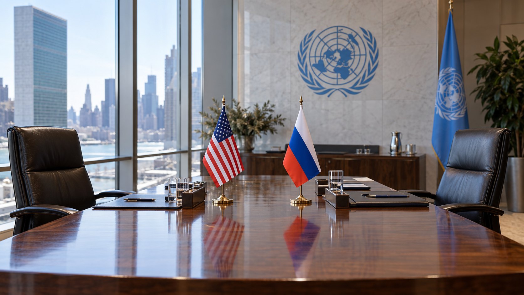 Ilustración editorial generada con IA: una mesa de reuniones con banderas de escritorio de Estados Unidos y Rusia enfrentadas, dos sillones vacíos y el emblema de la ONU en la pared, con la sede de Naciones Unidas en Nueva York tras los ventanales; no es una fotografía de la reunión.