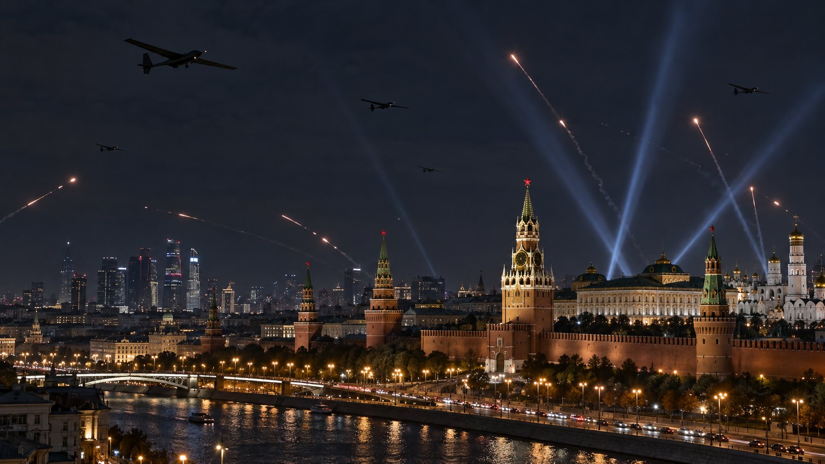 Ilustración editorial generada con IA: drones de ala fija sobre el cielo nocturno de Moscú, con la torre Spasskaya del Kremlin iluminada y haces de defensa antiaérea; composición representativa, no es una fotografía del ataque.