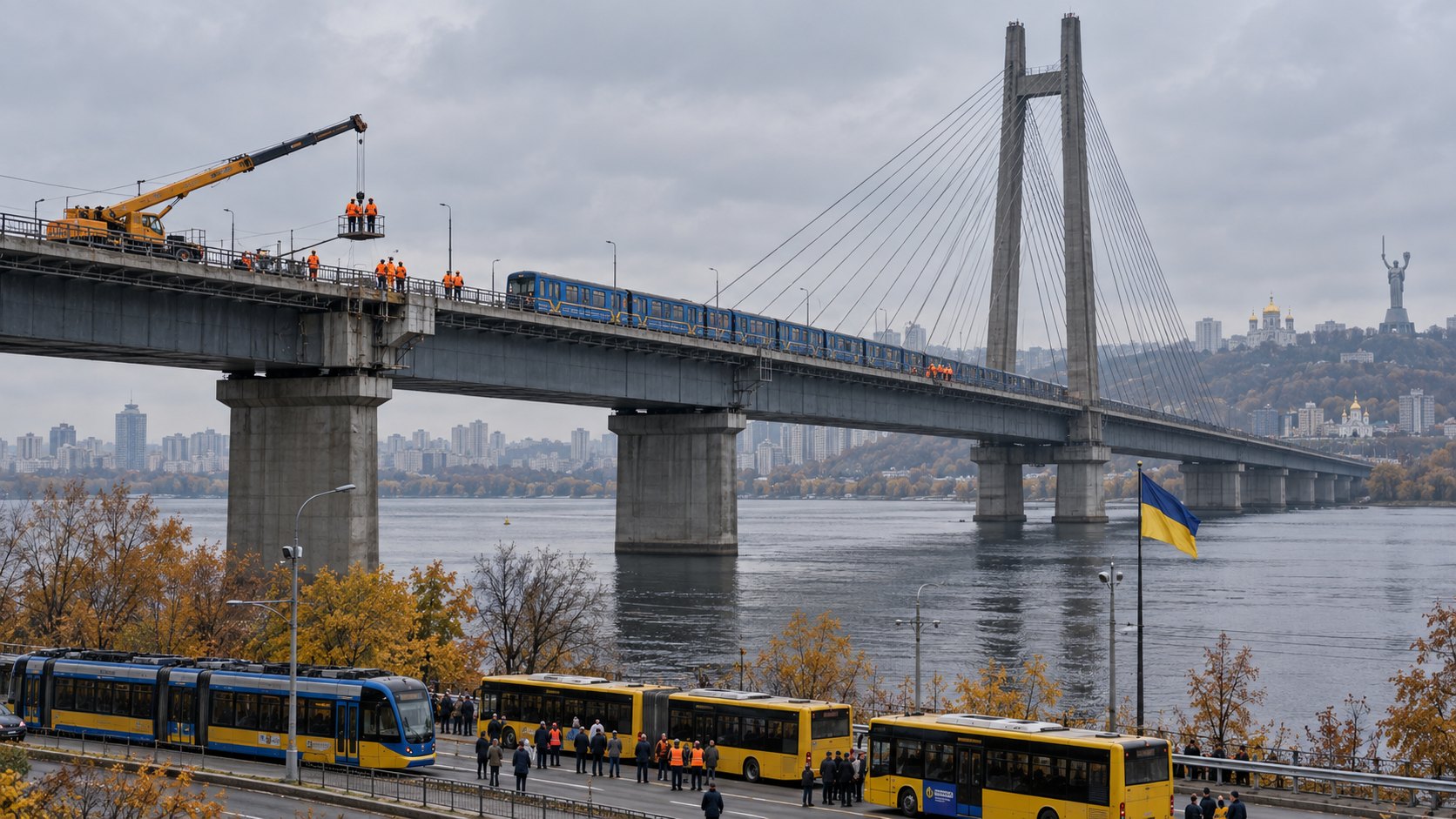 Ilustración editorial generada con IA: el puente Sur (Pivdennyi) de Kiev, atirantado, sobre el río Dniéper en una mañana gris de otoño, con una grúa y operarios de chalecos naranjas sobre el tramo del metro, colectivos y un tranvía amarillos en la orilla y una bandera de Ucrania; composición conceptual, no es una fotografía del día del ataque.