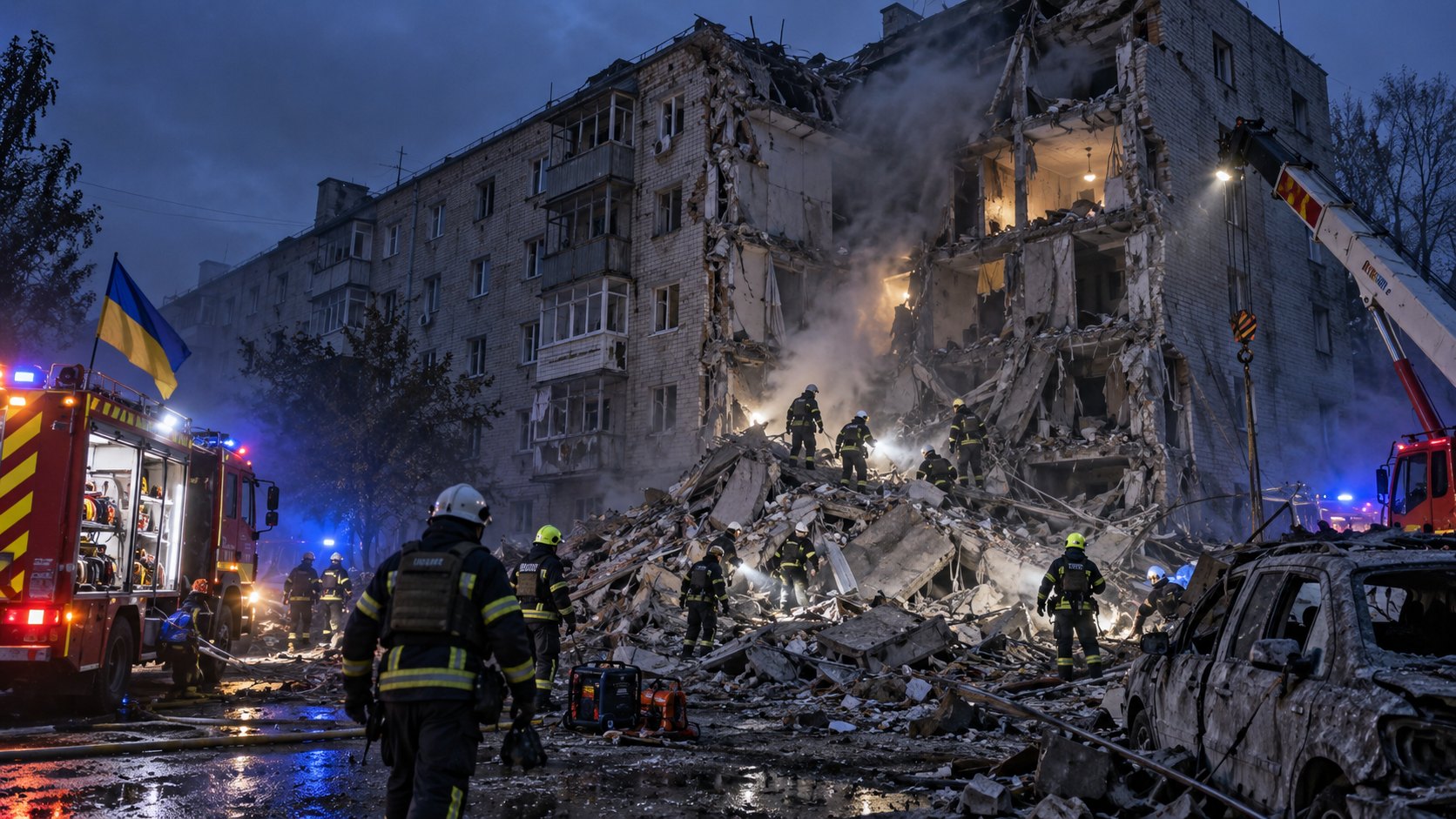 Ilustración editorial generada con IA: rescatistas del Servicio Estatal de Emergencias de Ucrania trabajan de madrugada frente a un edificio de viviendas de cinco pisos parcialmente derrumbado, entre humo y luces de emergencia; composición conceptual, no es una fotografía del hecho.