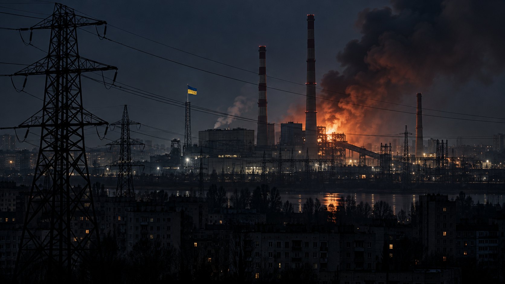 Ilustración editorial generada con IA: de noche, una central térmica de Kiev con fuego y humo; composición conceptual, no es una fotografía del ataque.