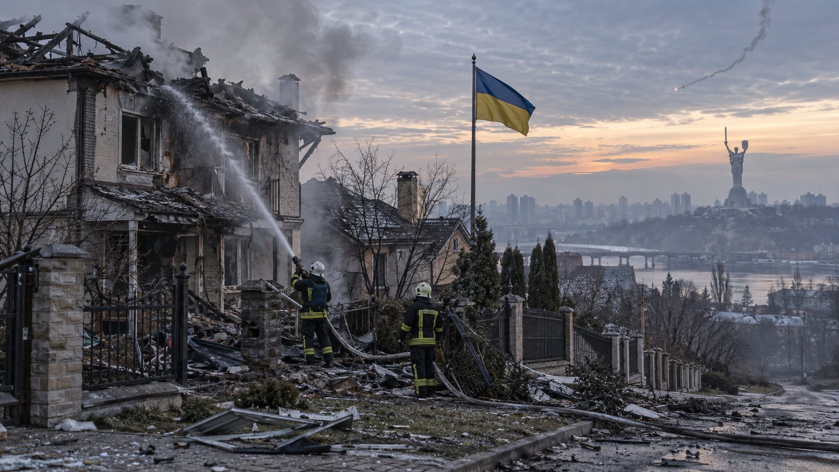 Ilustración editorial generada con IA: bomberos ucranianos apagan con una manguera el techo quemado de una casa en las afueras de Kiev al amanecer, junto a una bandera de Ucrania, con el Monumento a la Madre Patria y el río Dniéper al fondo y la estela de un dron en el cielo; composición representativa, no es una fotografía del ataque.