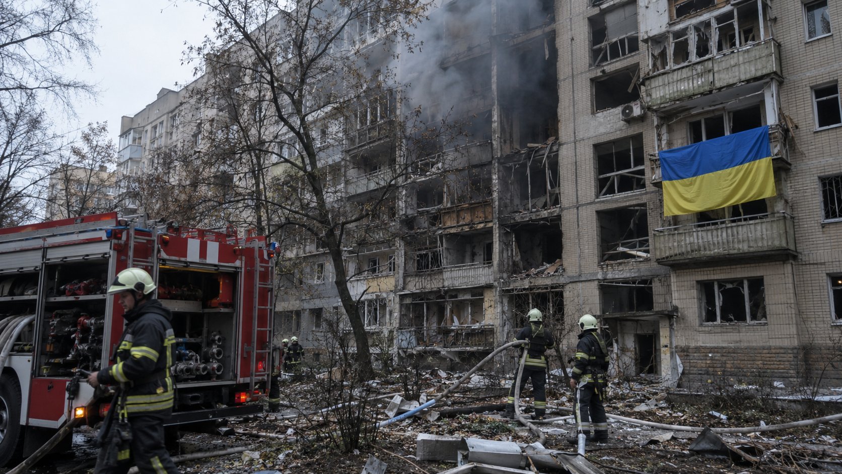 Ilustración editorial generada con IA: bomberos trabajan frente a un edificio de viviendas dañado y humeante, con un camión de bomberos y una bandera de Ucrania colgada de un balcón; no es una fotografía del ataque ni de un edificio real.