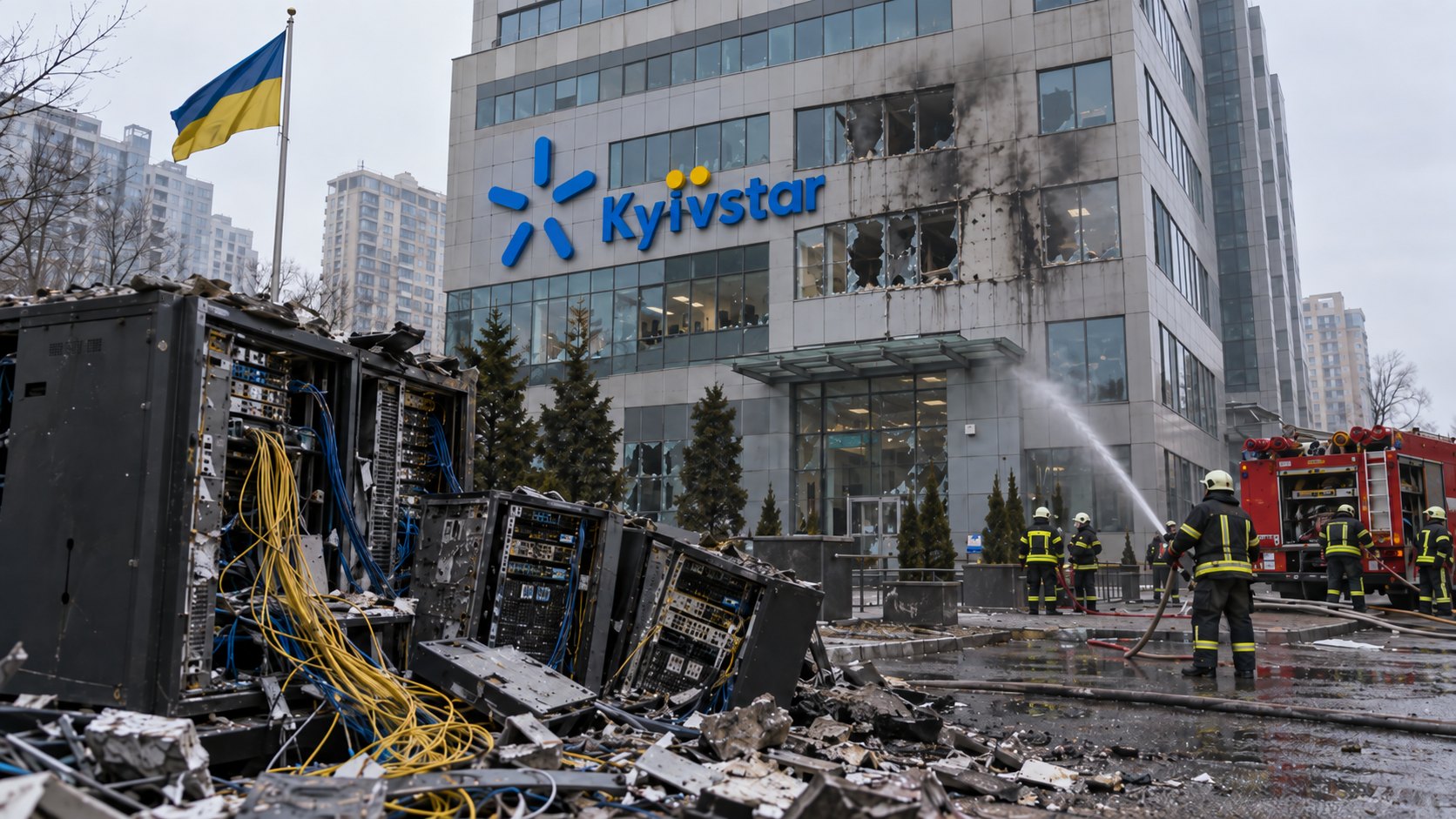 Edificio de Kyivstar con ventanas rotas, bomberos y bandera de Ucrania en Kiev (ilustración IA)