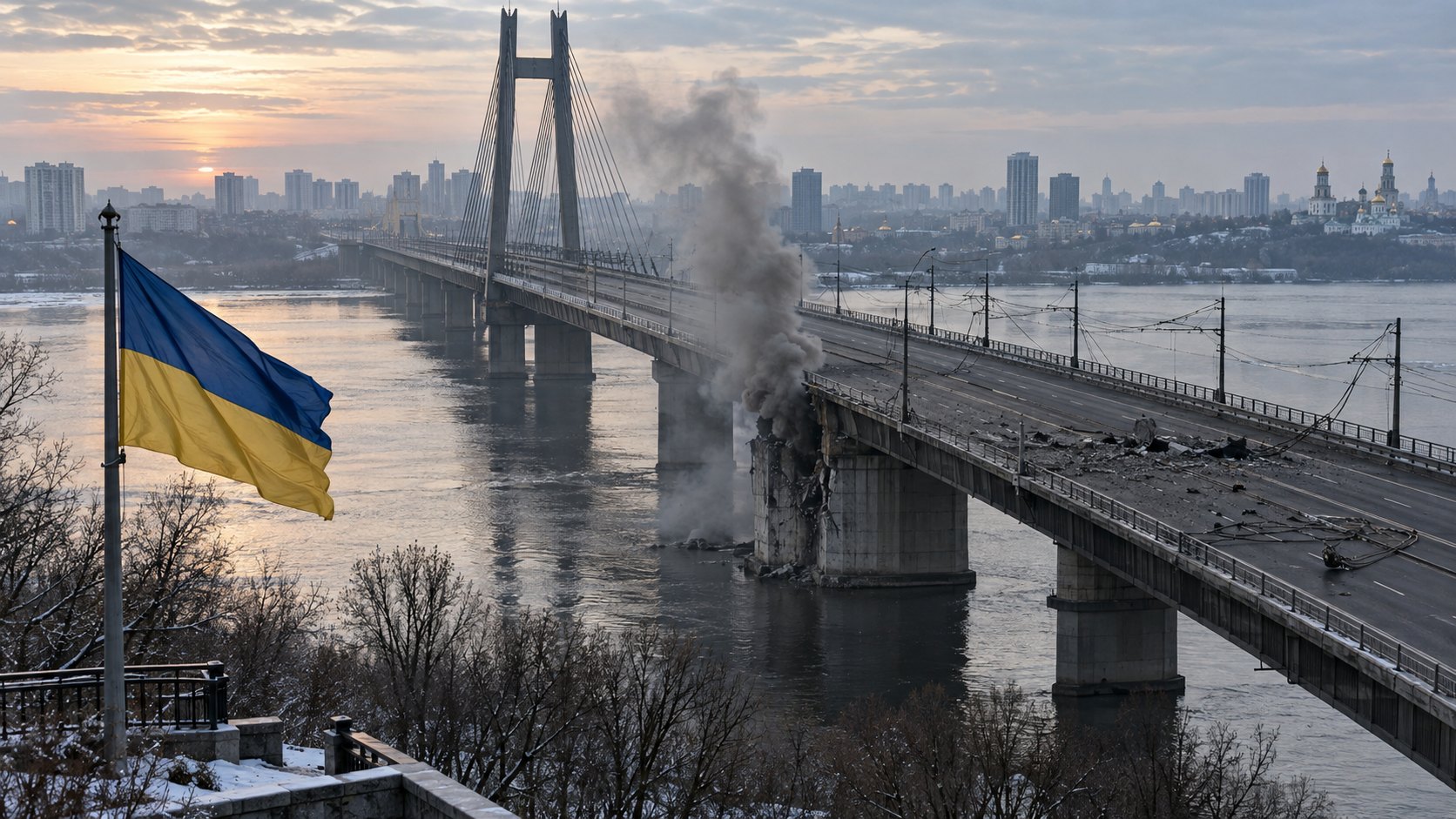 Ilustración editorial generada con IA: un gran puente atirantado sobre el río Dniéper al amanecer, con humo gris junto a una de sus pilas y la calzada vacía, y una bandera de Ucrania en primer plano con la silueta de Kiev al fondo; composición representativa, no es una fotografía del ataque.