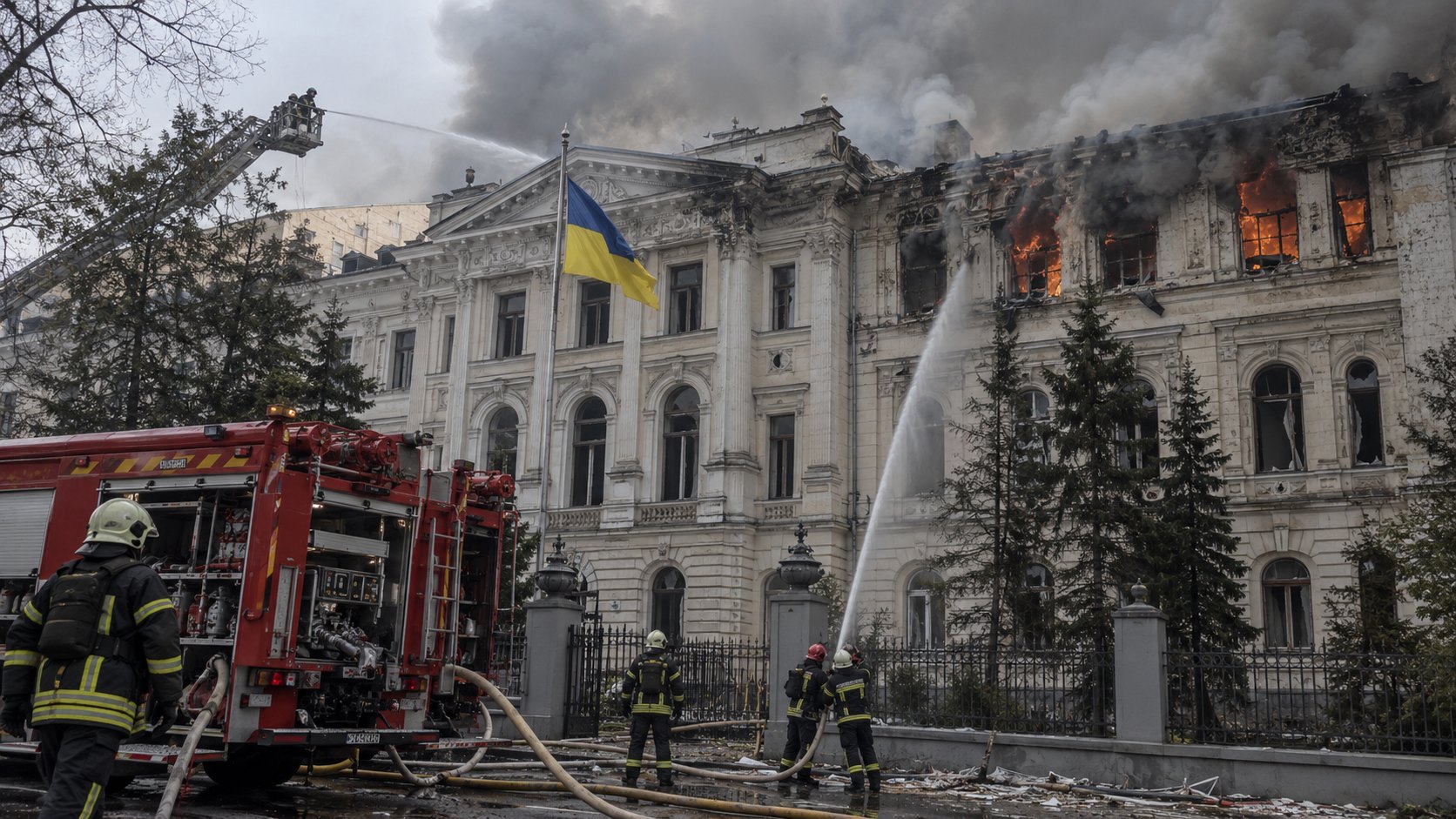 Ilustración editorial generada con IA: bomberos ucranianos combaten el fuego y el humo en un edificio académico neoclásico del centro de Kiev, con una bandera de Ucrania en primer plano; no es una fotografía del ataque ni del edificio real.