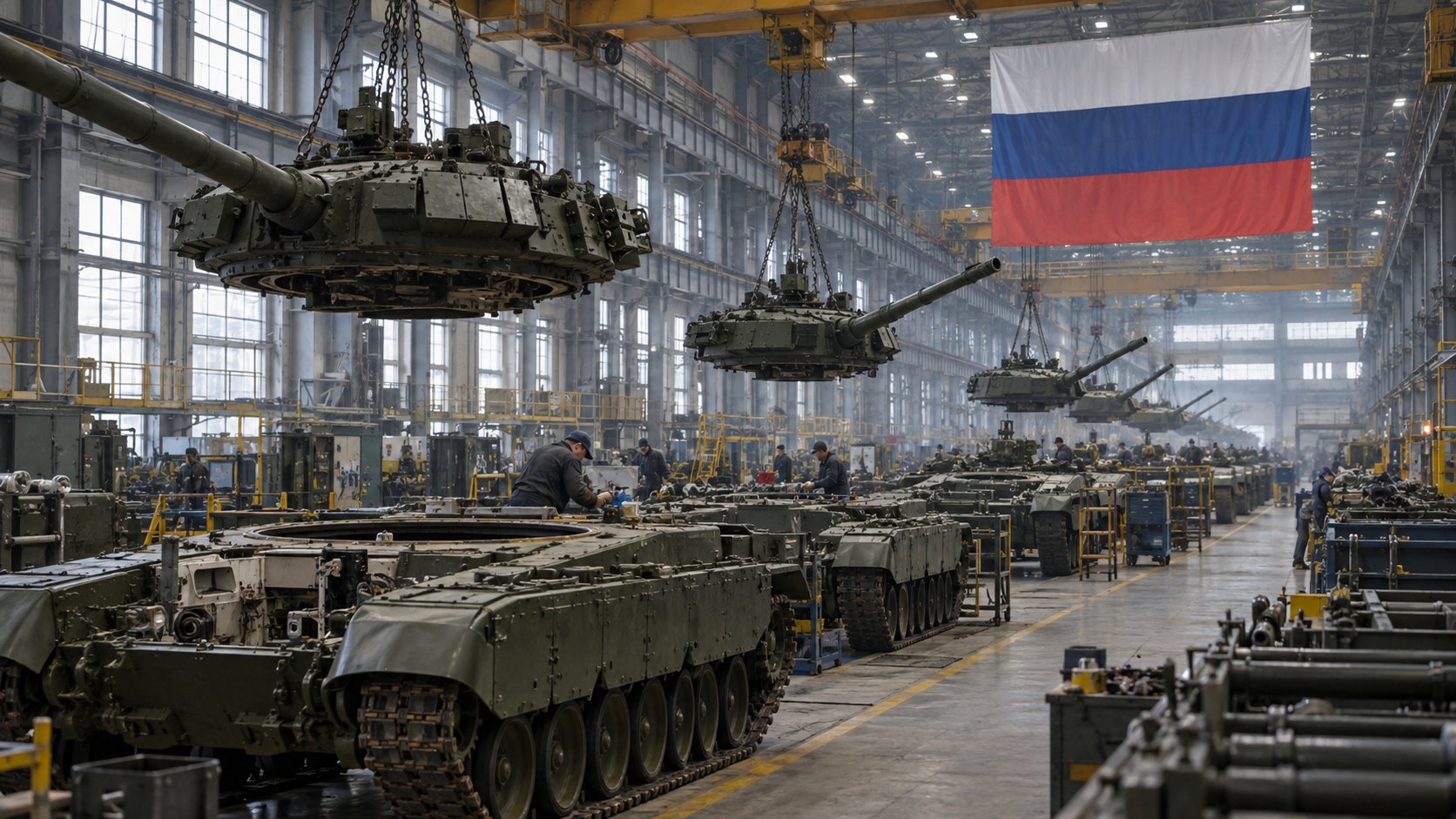 Ilustración editorial generada con IA: tanques en distintas etapas de armado en la nave de una fábrica, con una gran bandera de Rusia colgada del techo; composición conceptual, no es una fotografía de una planta real.