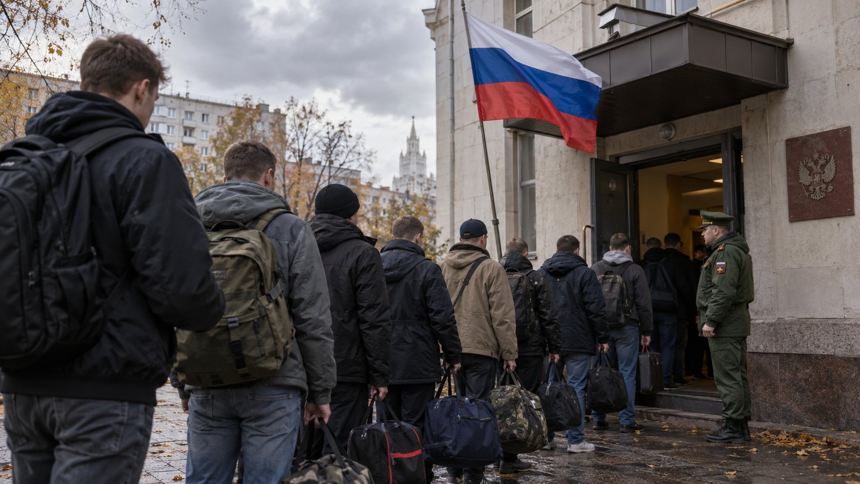 Ilustración editorial generada con IA: fila de hombres con abrigos civiles y bolsos frente a una oficina de reclutamiento militar rusa con la bandera de Rusia; composición conceptual, no es una fotografía de un hecho real.