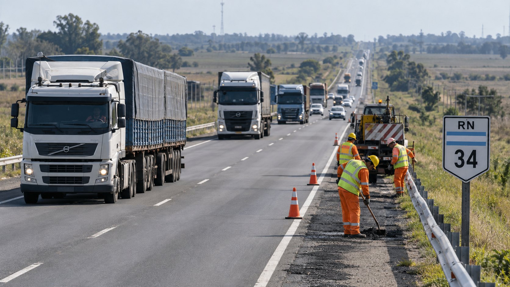 Ilustración editorial generada con IA: camiones de carga circulan por una ruta nacional argentina de llanura junto a un cartel de la RN 34, mientras una cuadrilla con cascos y chalecos repara la banquina; composición conceptual, no es una fotografía de una ruta ni de una concesionaria real.