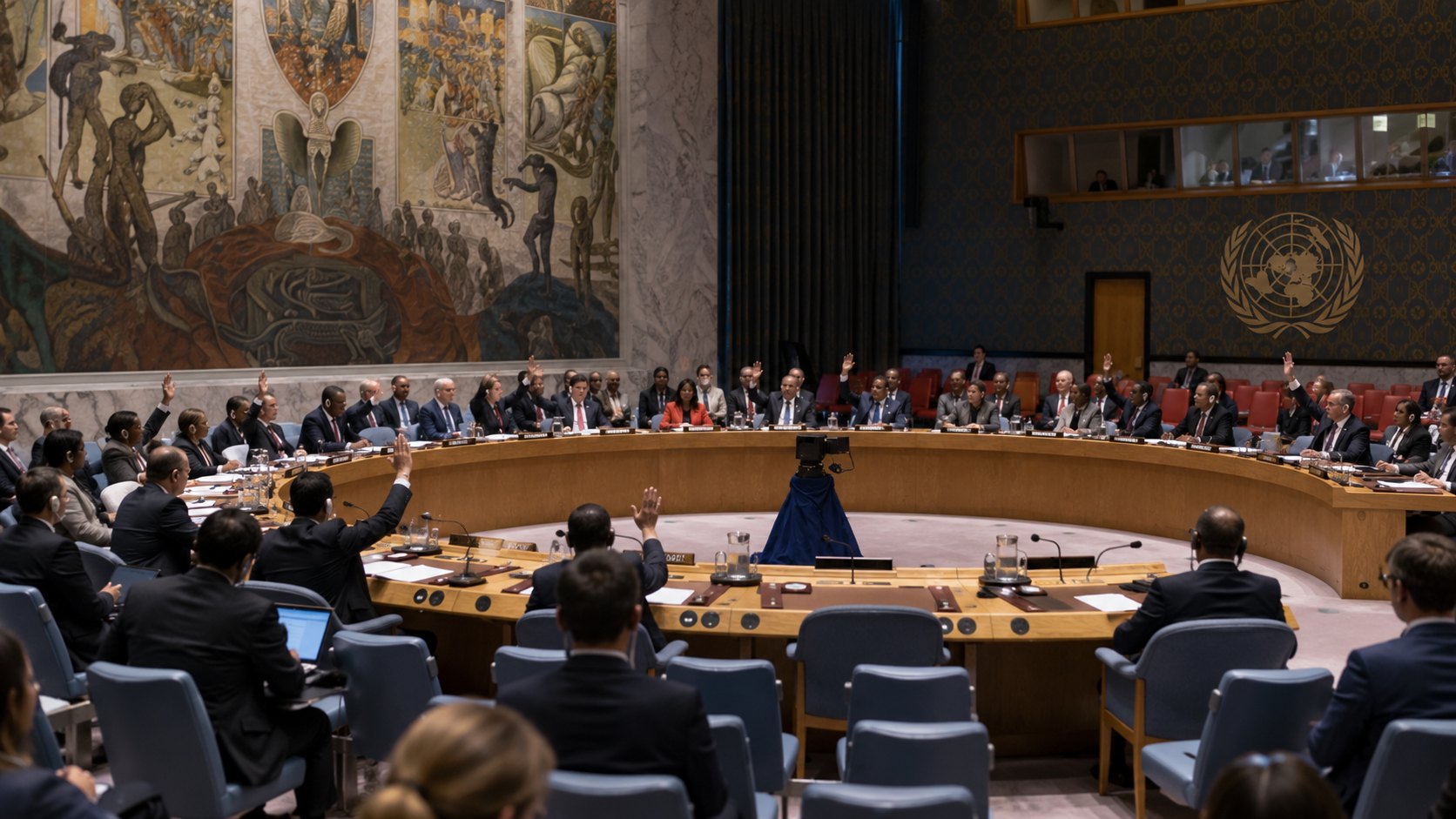 Ilustración editorial generada con IA: delegados levantan la mano durante una votación en la sala del Consejo de Seguridad de la ONU en Nueva York, con la mesa en herradura y el mural al fondo; no es una fotografía de la sesión del 30 de octubre.