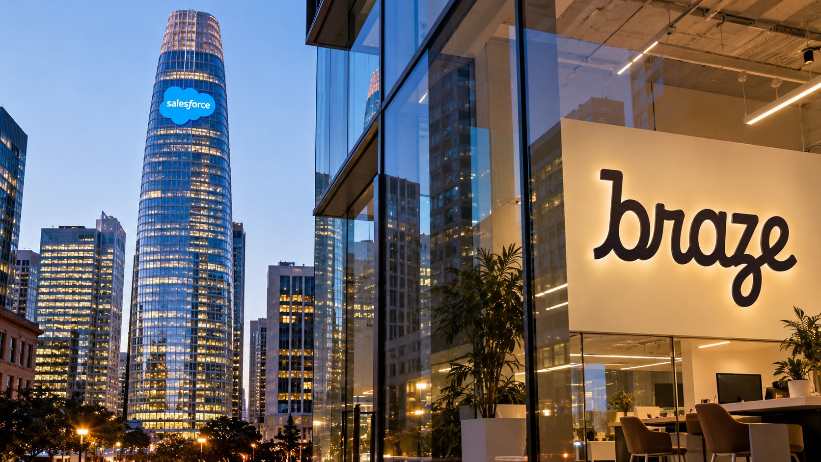 Ilustración editorial generada con IA: la Salesforce Tower de San Francisco con el logo de Salesforce en lo alto y, a la derecha, una oficina vidriada con el logo de Braze en una pared iluminada; composición conceptual, no es una fotografía de un hecho real ni de las oficinas reales de Braze.