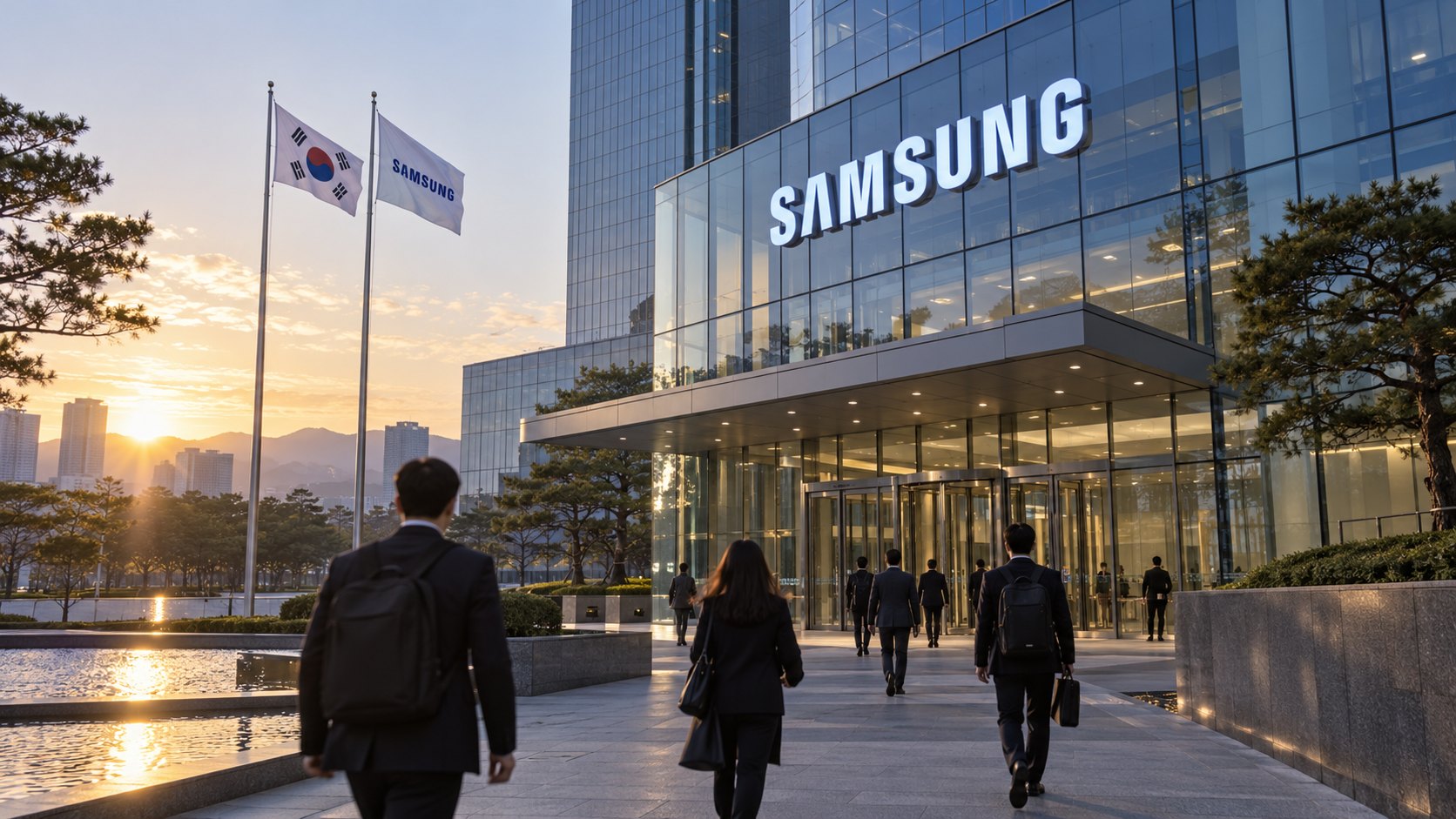 Ilustración editorial generada con IA: empleados de espaldas caminan al amanecer hacia un edificio corporativo de vidrio con el logotipo de Samsung en la fachada, junto a las banderas de Corea del Sur y de Samsung; composición conceptual, no es una fotografía de una sede real.