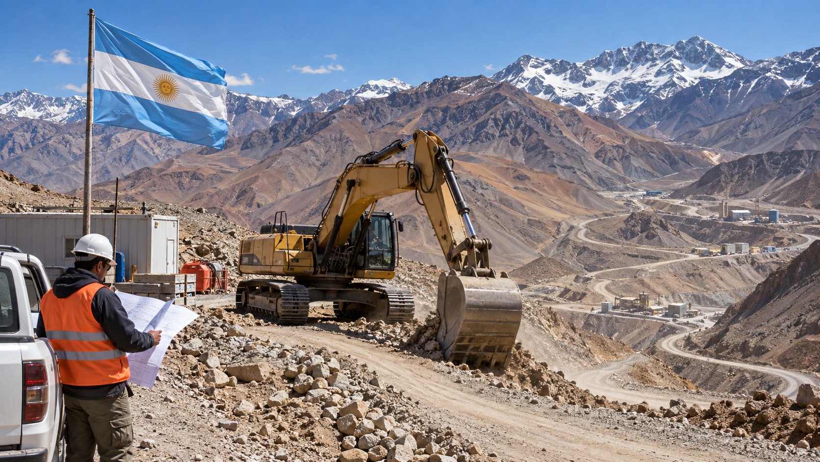 Ilustración editorial generada con IA: excavadora abriendo un camino de montaña en la cordillera de San Juan con una bandera argentina junto al obrador; composición conceptual, no es una fotografía de una obra real.