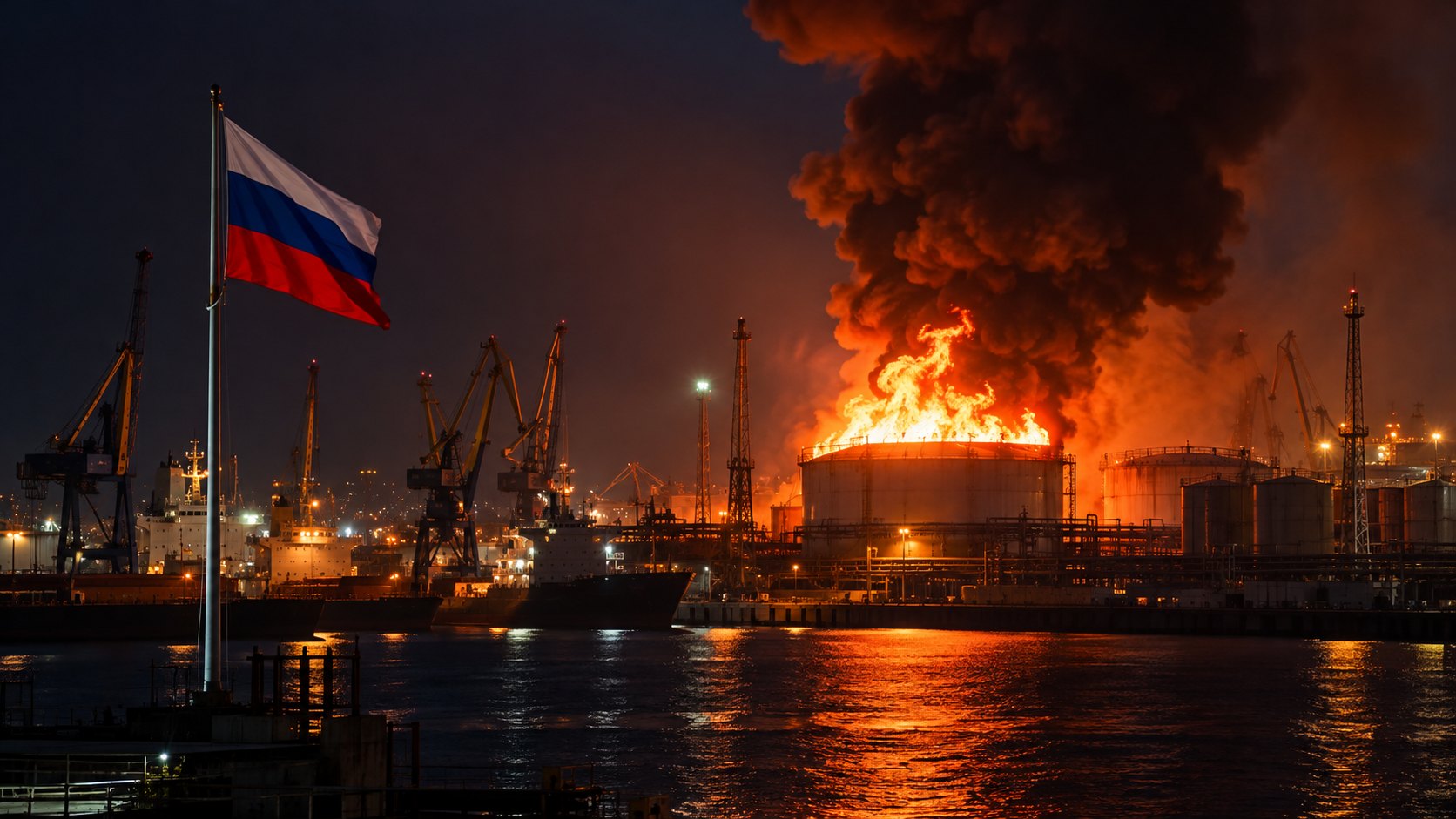 Ilustración editorial generada con IA: de noche, un tanque de combustible arde con una gran columna de humo en una terminal petrolera portuaria con grúas, y una bandera de Rusia en primer plano; composición conceptual, no es una fotografía del ataque ni de la Terminal Petrolera de San Petersburgo.