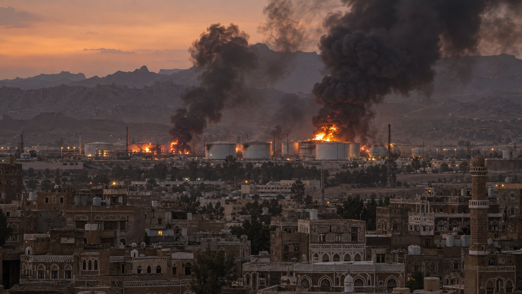 Ilustración editorial generada con IA: columnas de humo negro se elevan sobre tanques de almacenamiento de combustible en las afueras de Saná, con las montañas yemeníes al fondo; composición conceptual, no es una fotografía del bombardeo.