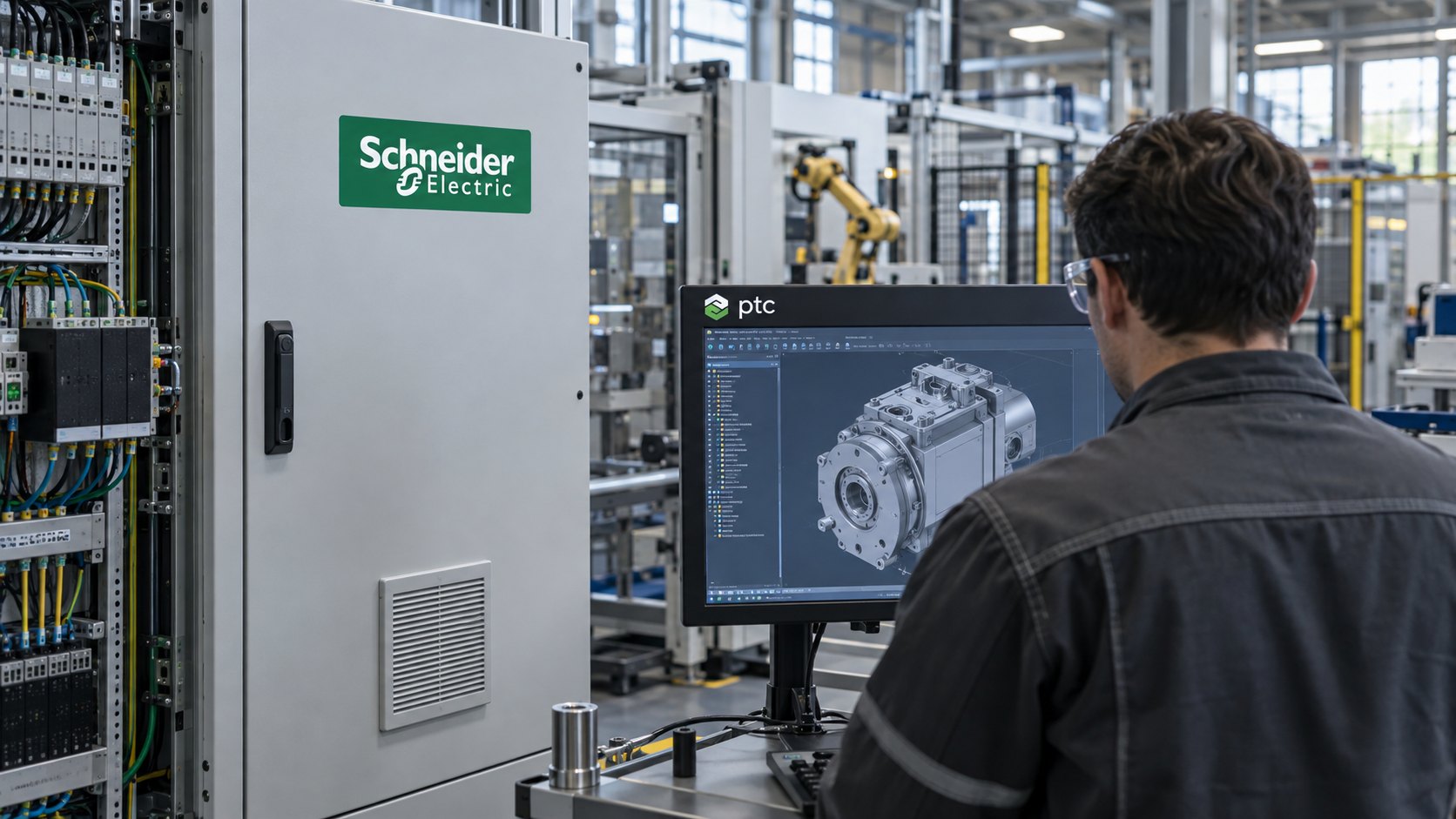 Ilustración editorial generada con IA: en una planta industrial, un gabinete eléctrico con el logo de Schneider Electric junto a una estación de ingeniería cuyo monitor, con el logo de PTC, muestra el modelo 3D de una pieza mecánica, mientras un ingeniero observa de espaldas; composición conceptual, no es una fotografía de las empresas.