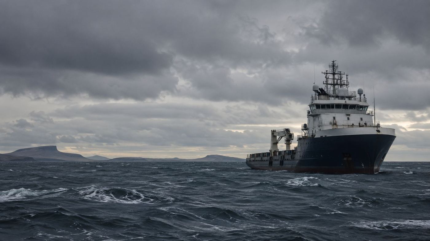 Buque de apoyo offshore anclado en aguas grises y agitadas del Atlántico Sur