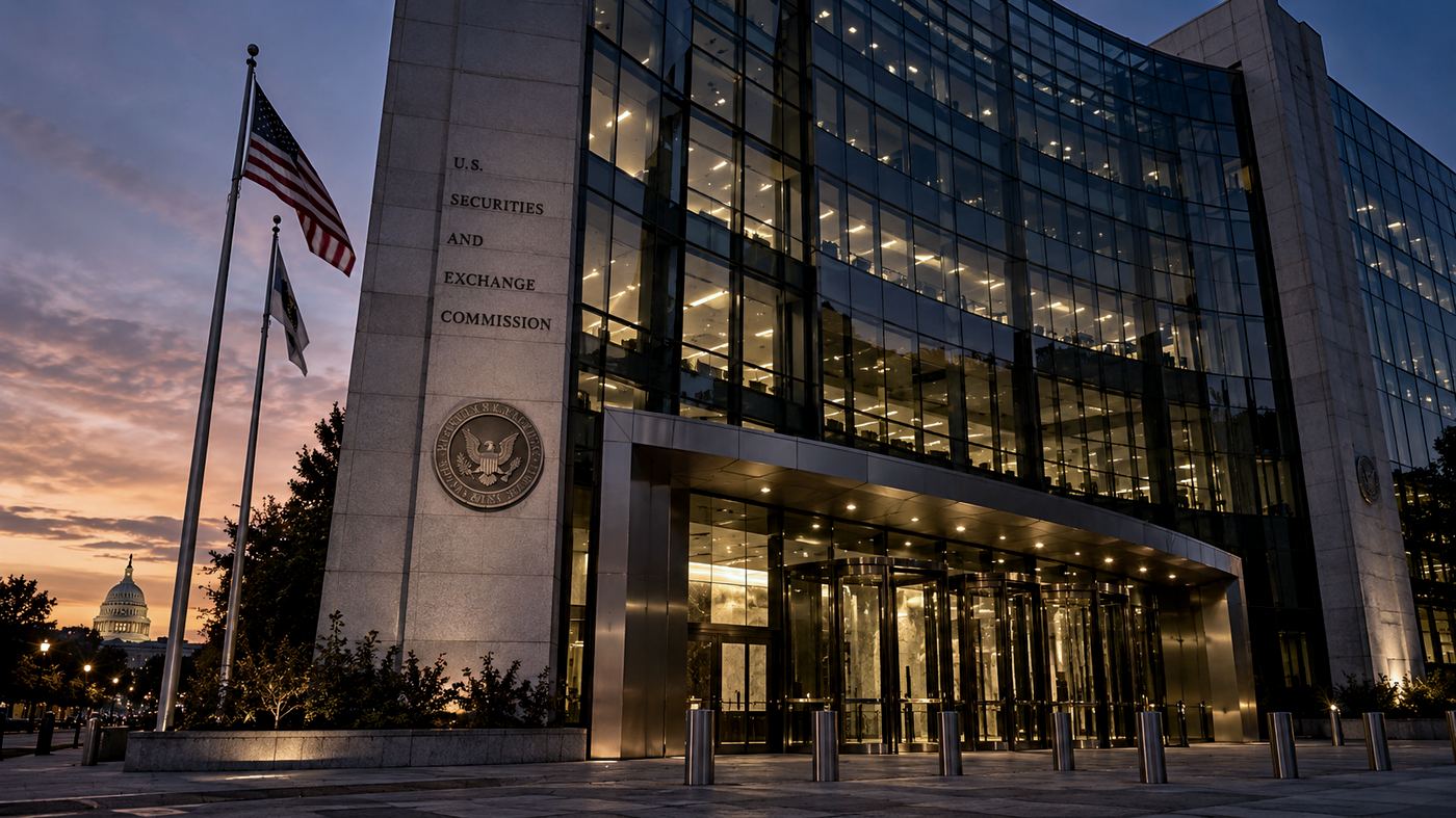 Fachada iluminada del edificio de la Securities and Exchange Commission en Washington DC de noche
