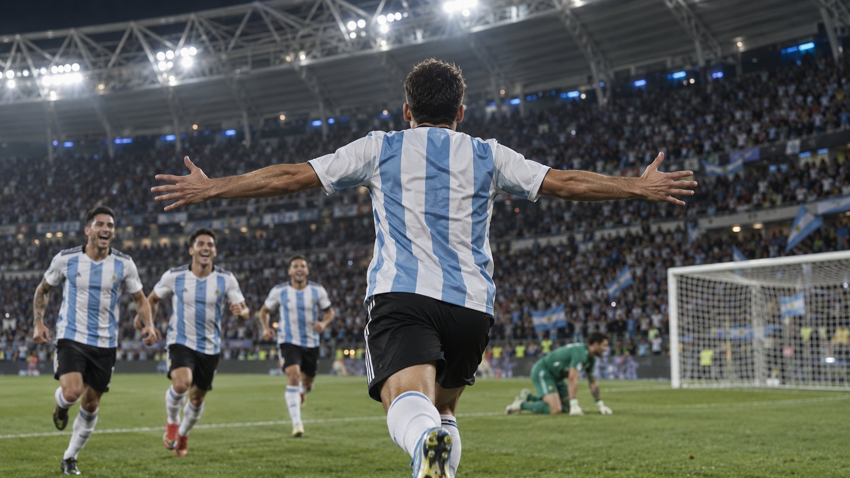 Ilustración editorial generada con IA: un futbolista de espaldas con la camiseta a bastones celestes y blancos de la Selección Argentina corre a festejar un gol hacia la tribuna de un estadio de noche, mientras sus compañeros se acercan y el arquero rival se levanta junto a la red; no es una fotografía del partido ni representa a jugadores reales.