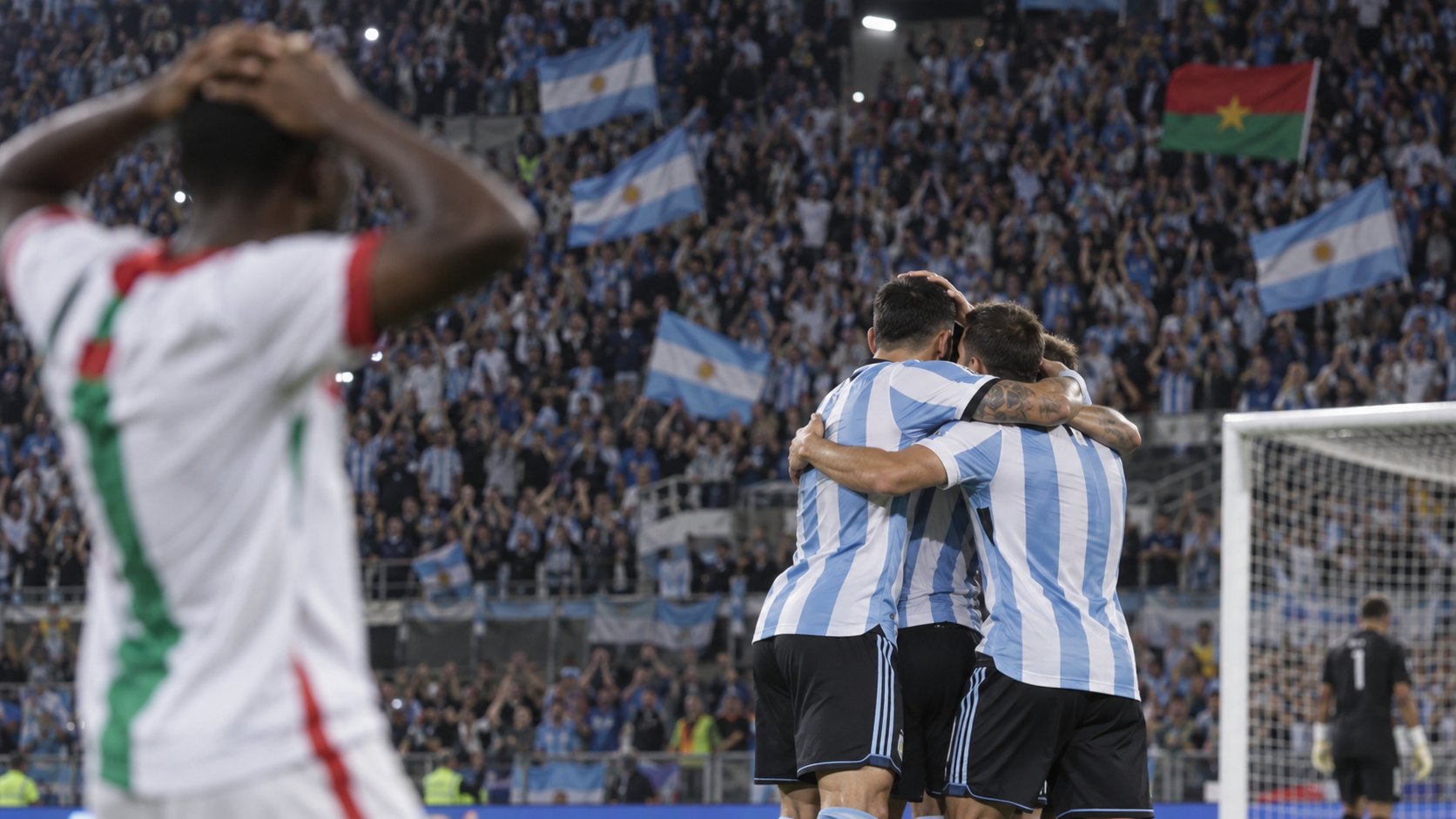 Ilustración editorial generada con IA: futbolistas con la camiseta a bastones celestes y blancos de la Selección Argentina se abrazan para festejar un gol de noche, mientras un defensor rival de camiseta blanca se lamenta y en la tribuna se ven banderas argentinas y una de Burkina Faso; no es una fotografía del partido ni representa a jugadores reales.