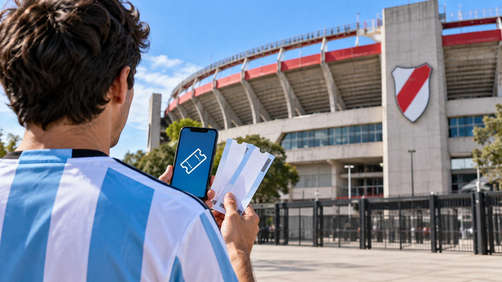 Ilustración editorial generada con IA: un hincha con camiseta argentina consulta entradas frente al Monumental; no representa una venta ni personas reales.