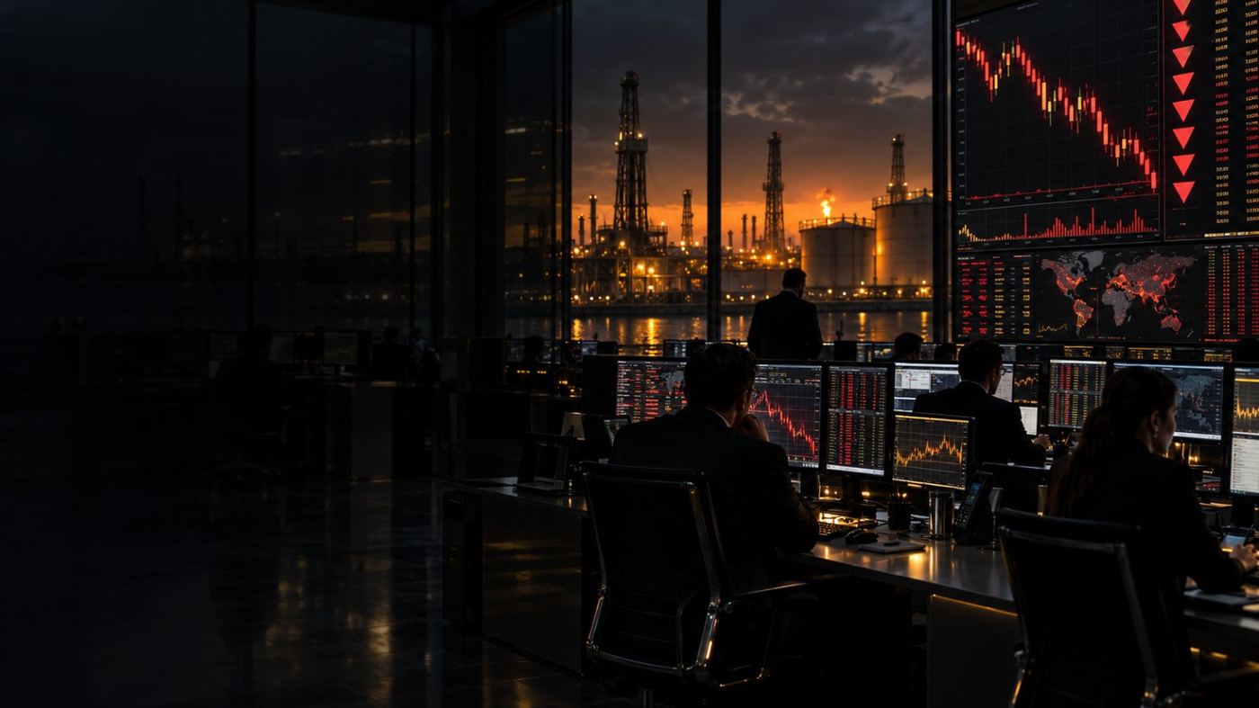 Sala de trading oscura con pantallas de cotizaciones en rojo junto a la silueta de instalaciones petroleras iluminadas de noche