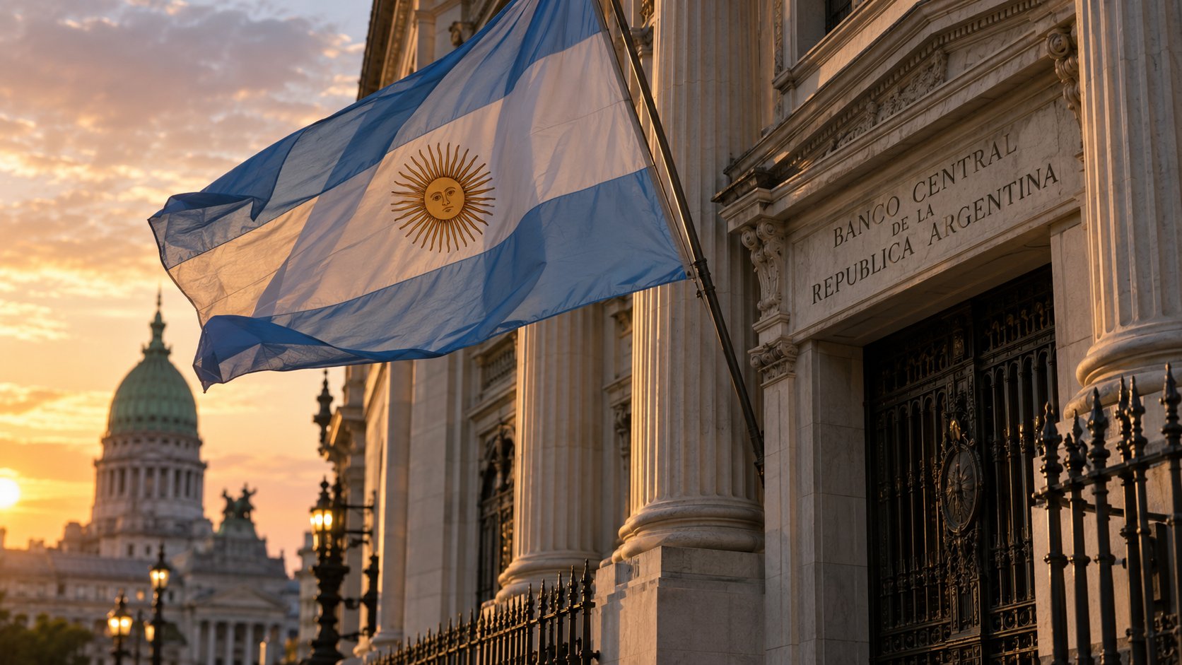 Ilustración editorial generada con IA: fachada del Banco Central de la República Argentina con una bandera argentina en primer plano y la cúpula del Congreso desenfocada al fondo, como composición conceptual; no es una fotografía de la sesión.