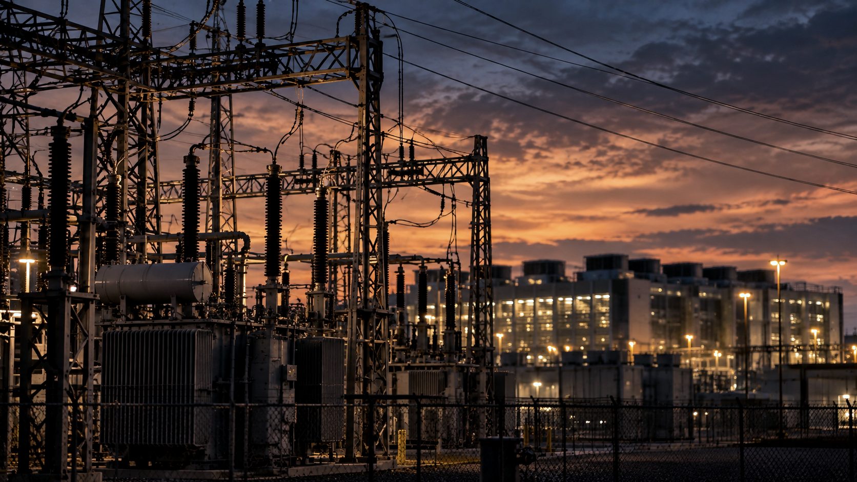 Subestación eléctrica de alta tensión con torres de transmisión al atardecer y un centro de datos industrial desenfocado al fondo